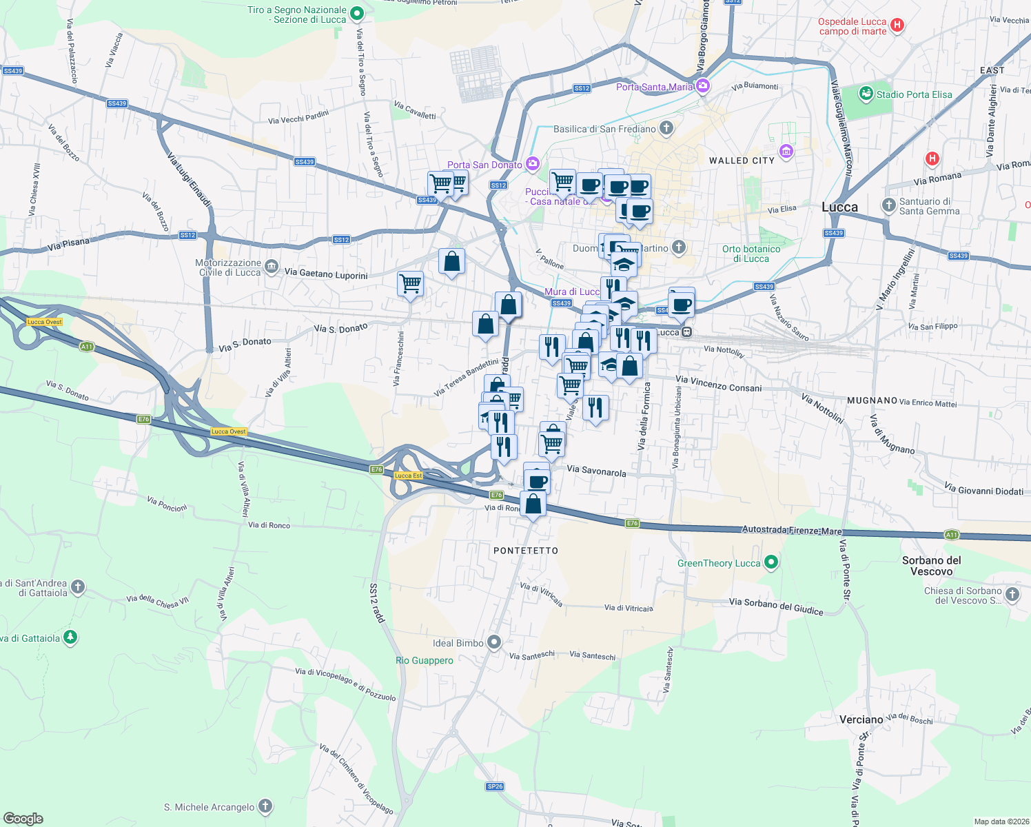 map of restaurants, bars, coffee shops, grocery stores, and more near 225 Via Giuseppe Ungaretti in Lucca