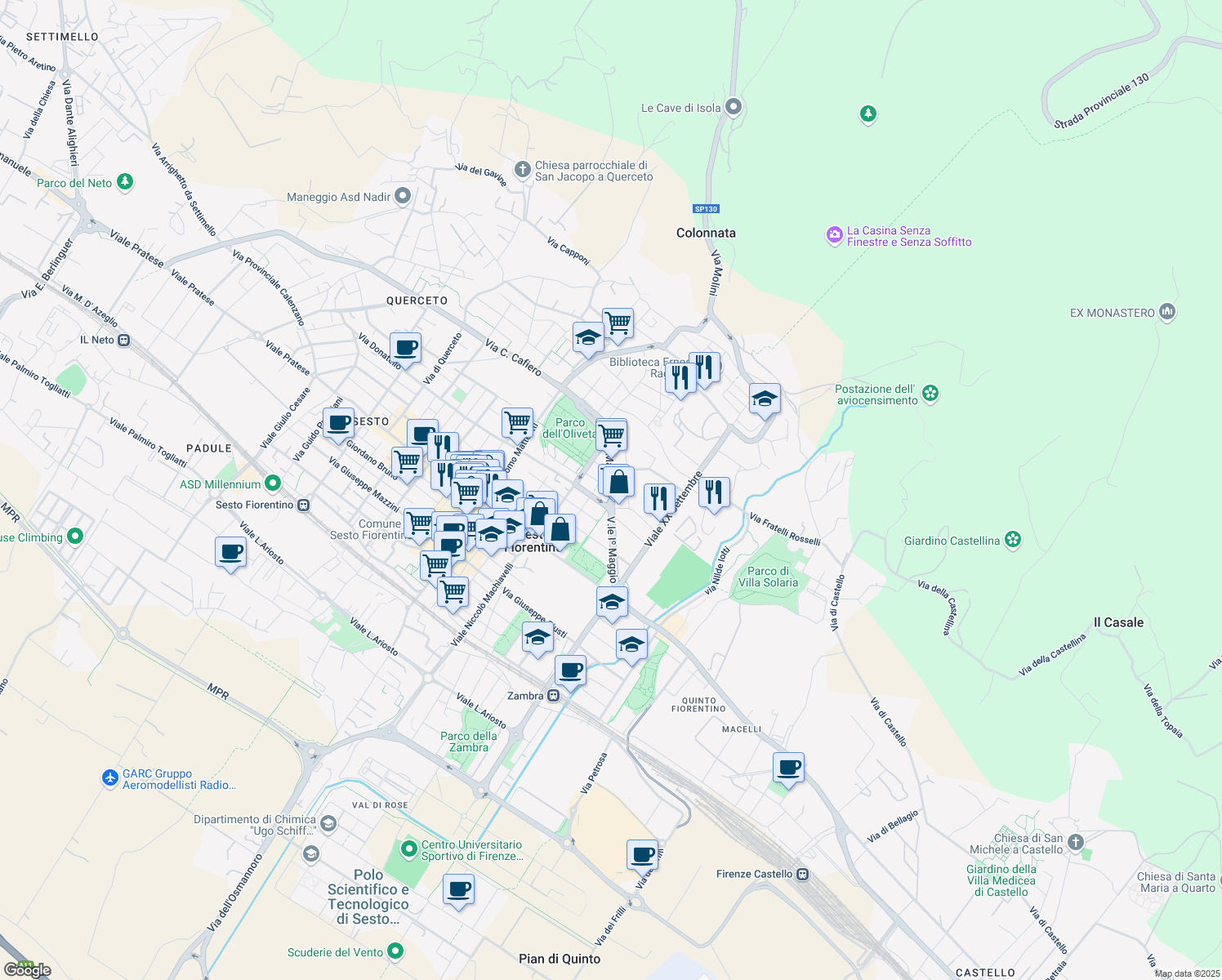 map of restaurants, bars, coffee shops, grocery stores, and more near 294 Viale I Maggio in Sesto Fiorentino