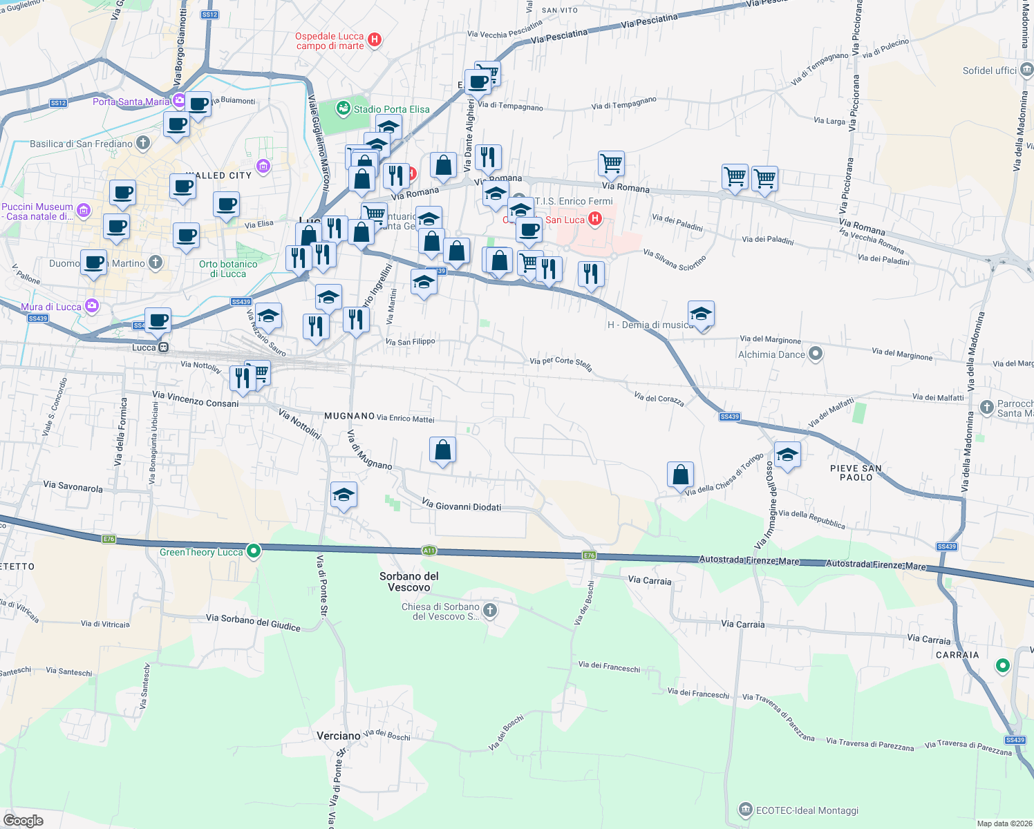 map of restaurants, bars, coffee shops, grocery stores, and more near 887 Via Enrico Mattei in Lucca