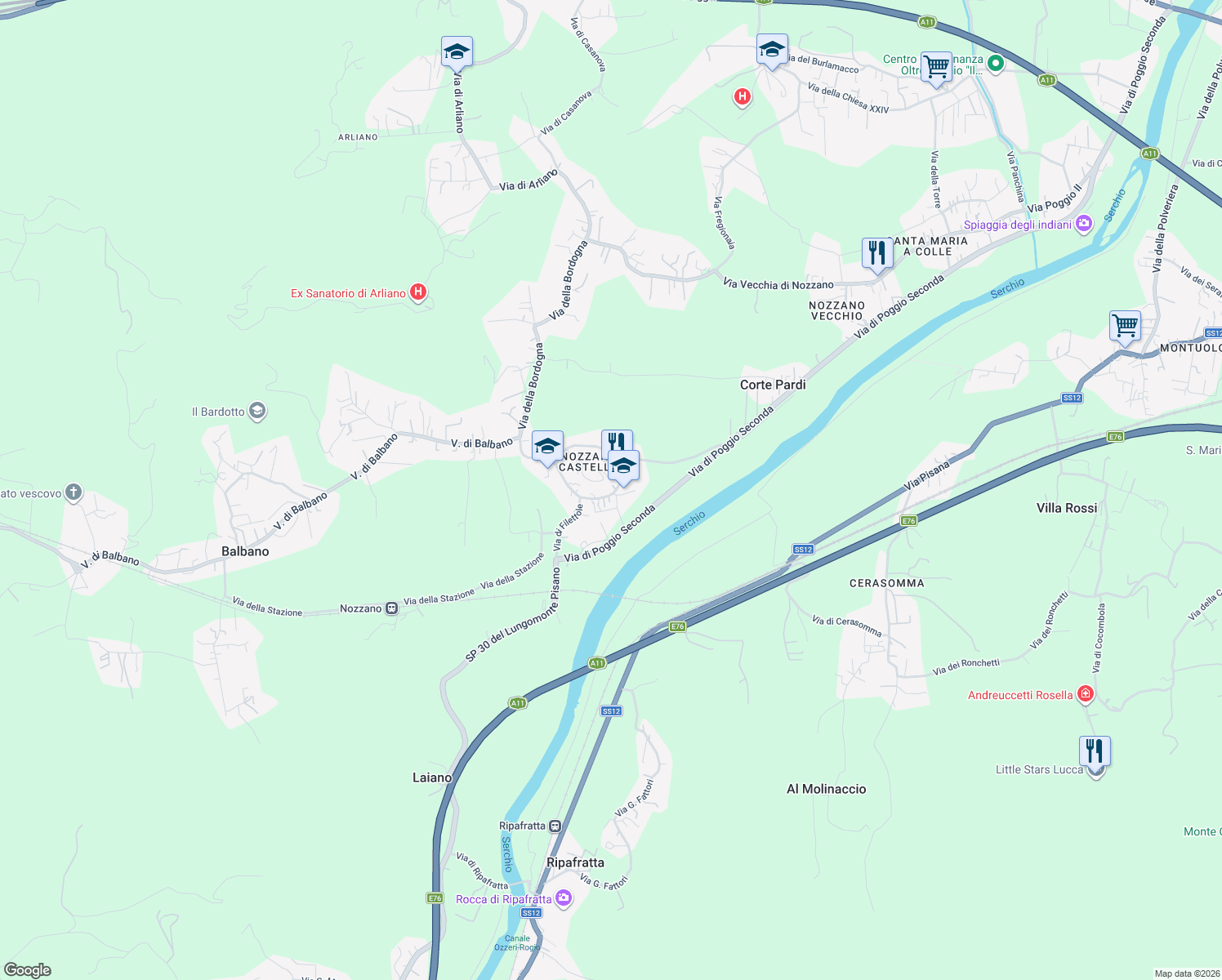 map of restaurants, bars, coffee shops, grocery stores, and more near 375 Via del Castello in Lucca