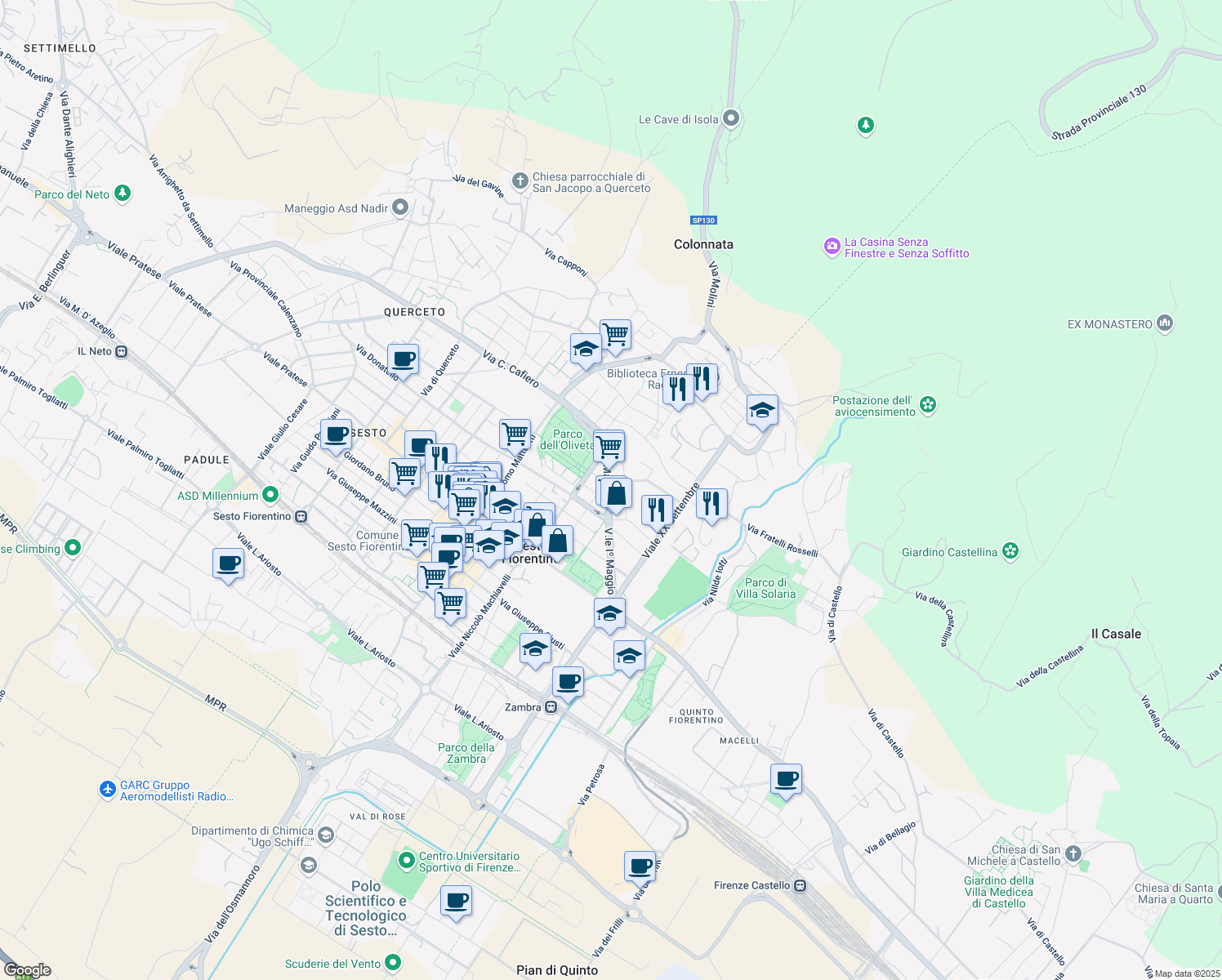 map of restaurants, bars, coffee shops, grocery stores, and more near 294 Viale Iº Maggio in Sesto Fiorentino