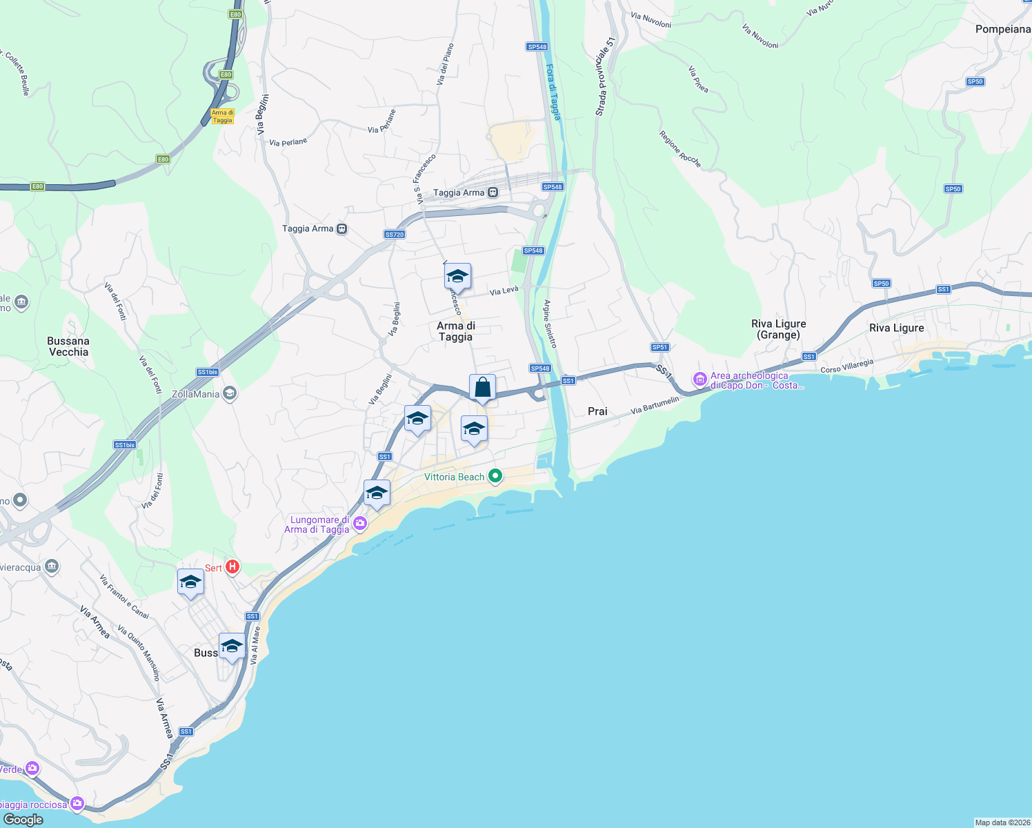 map of restaurants, bars, coffee shops, grocery stores, and more near 37 Via Bent. Amilcare Nuvolone in Arma di Taggia
