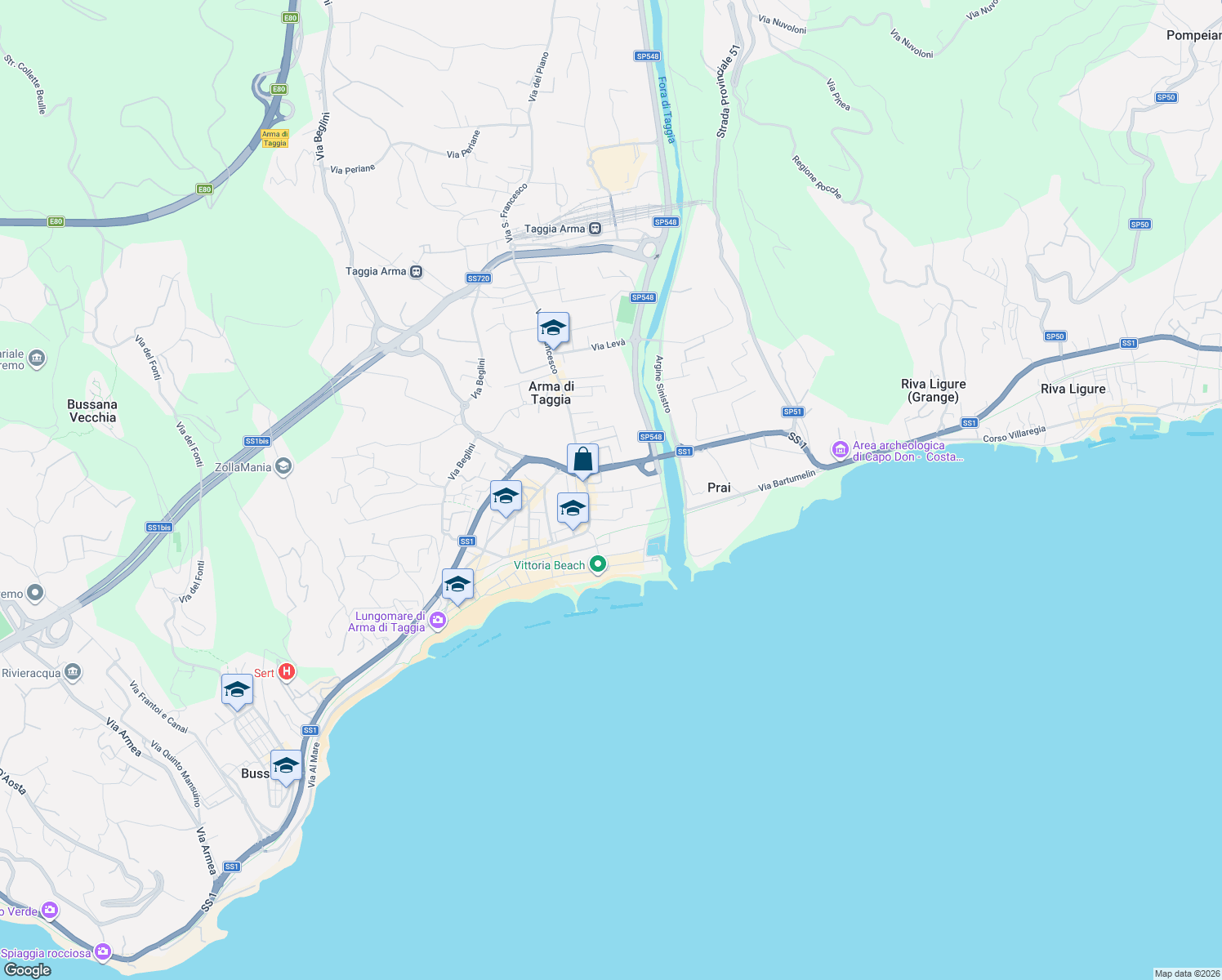 map of restaurants, bars, coffee shops, grocery stores, and more near 37 Via Bent. Amilcare Nuvolone in Arma di Taggia