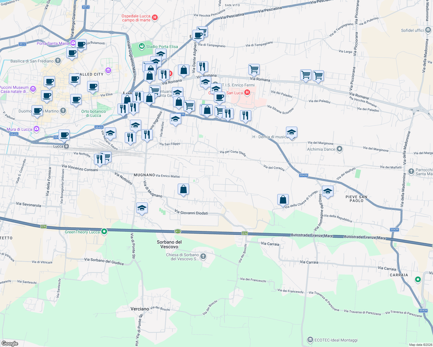 map of restaurants, bars, coffee shops, grocery stores, and more near 887 Via Enrico Mattei in Lucca
