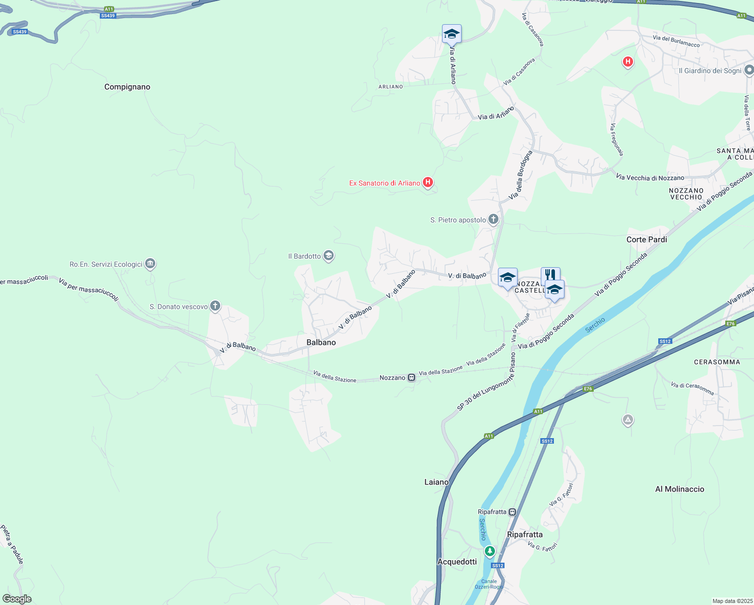 map of restaurants, bars, coffee shops, grocery stores, and more near 1085 Via di Balbano in Lucca