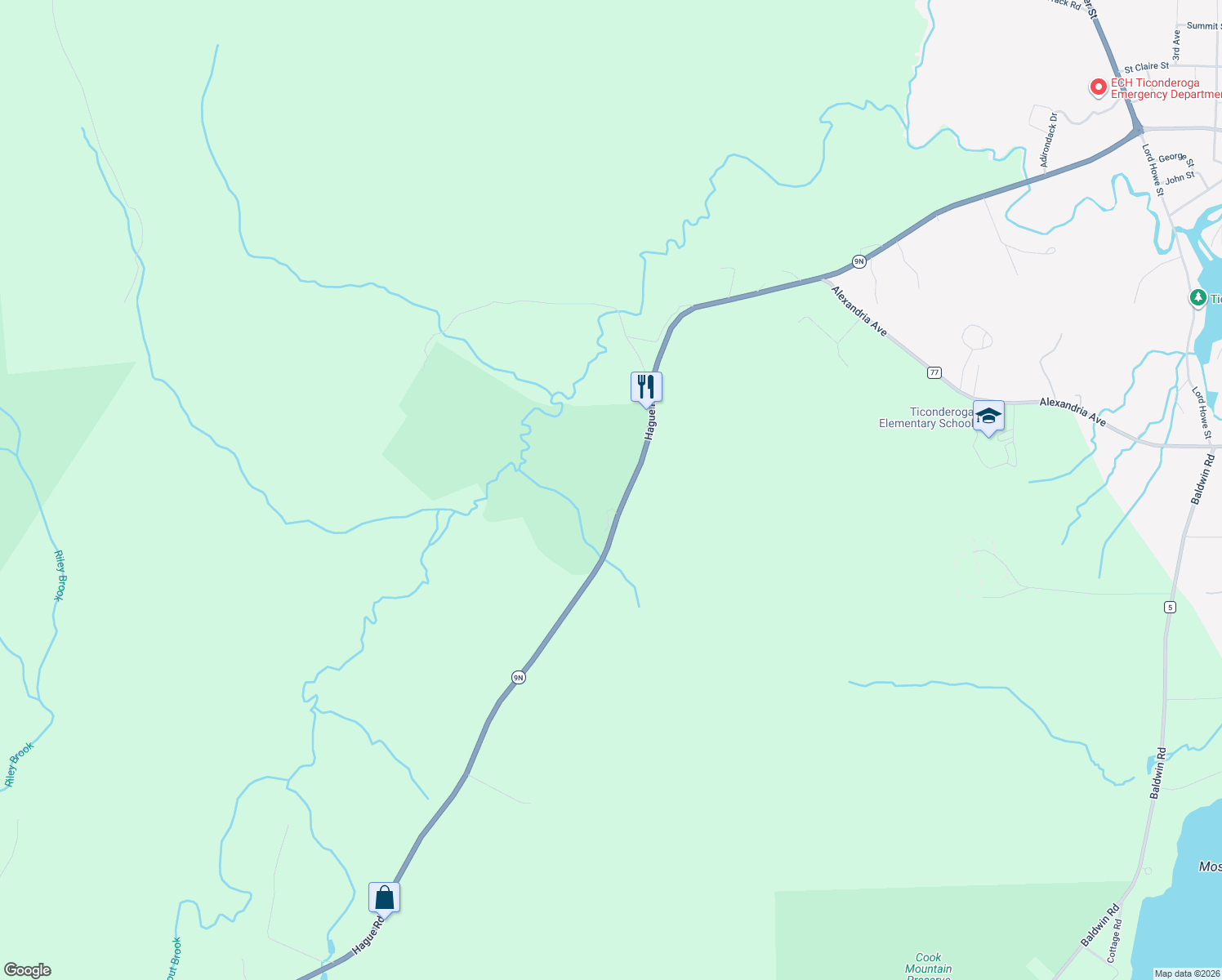 map of restaurants, bars, coffee shops, grocery stores, and more near 609 New York 9N in Ticonderoga
