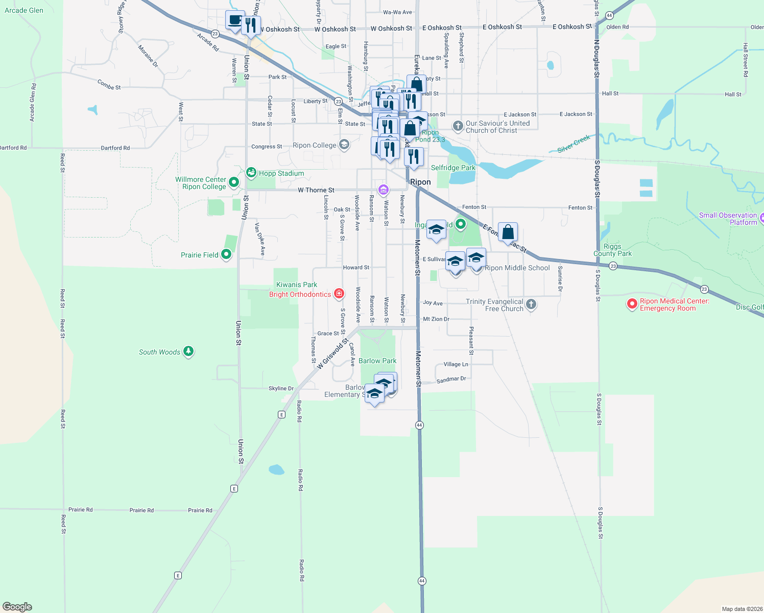 map of restaurants, bars, coffee shops, grocery stores, and more near 926 Watson St in Ripon