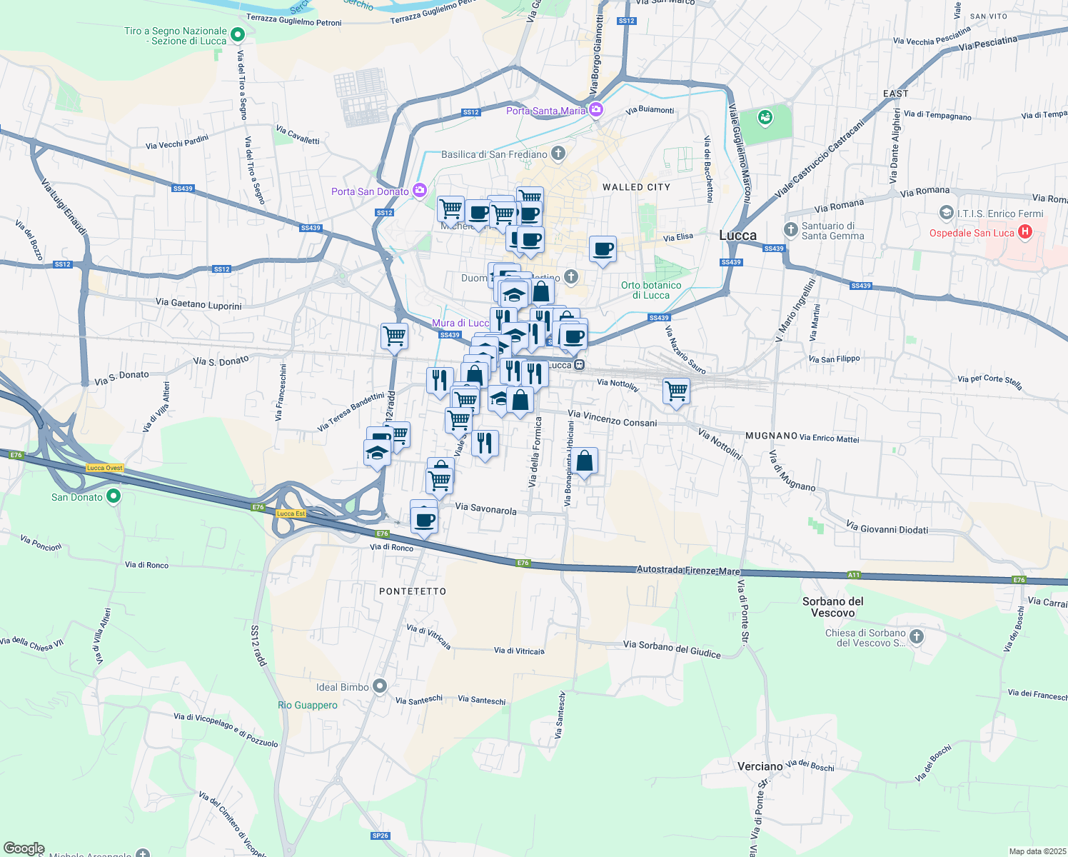 map of restaurants, bars, coffee shops, grocery stores, and more near 166 Via della Formica in Lucca