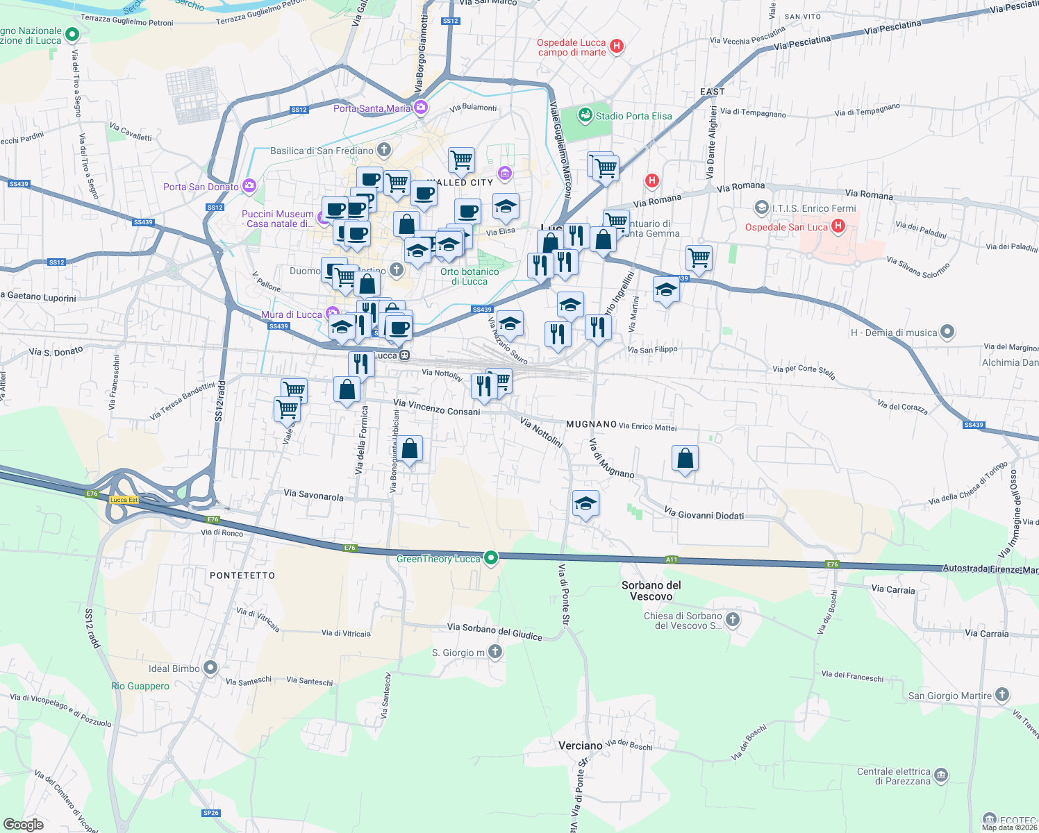 map of restaurants, bars, coffee shops, grocery stores, and more near 953 Via Nottolini in Lucca