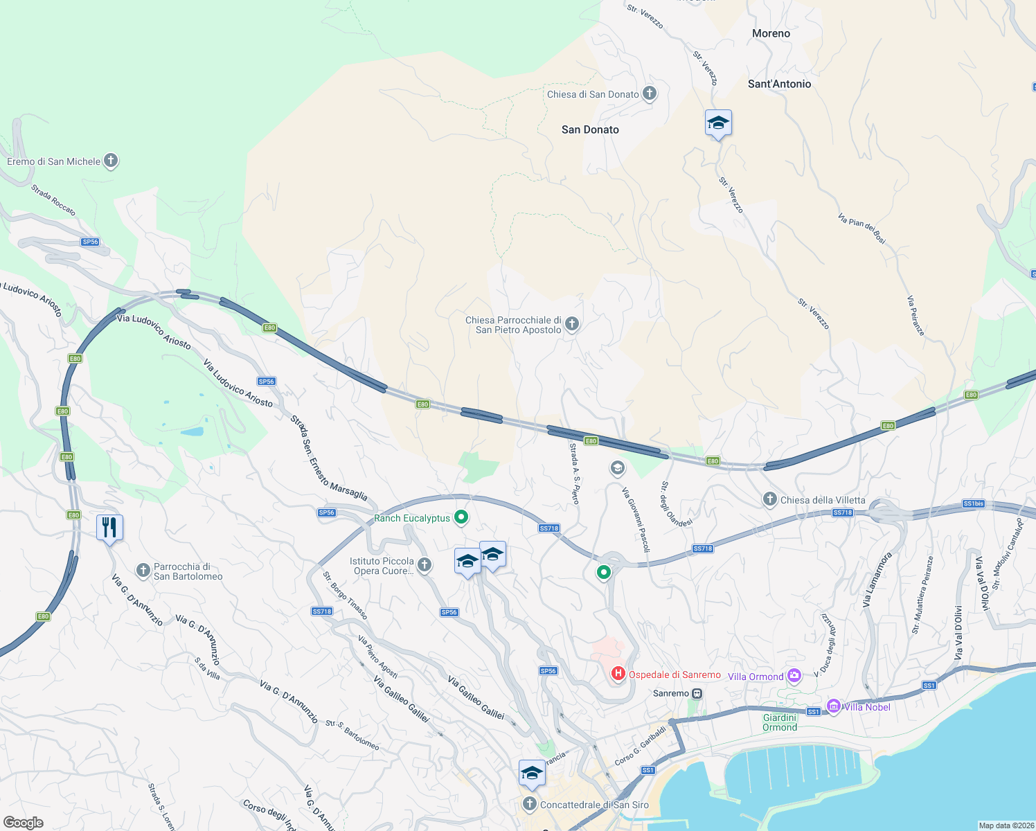 map of restaurants, bars, coffee shops, grocery stores, and more near 62 Strada A. San Pietro in Provincia di Imperia