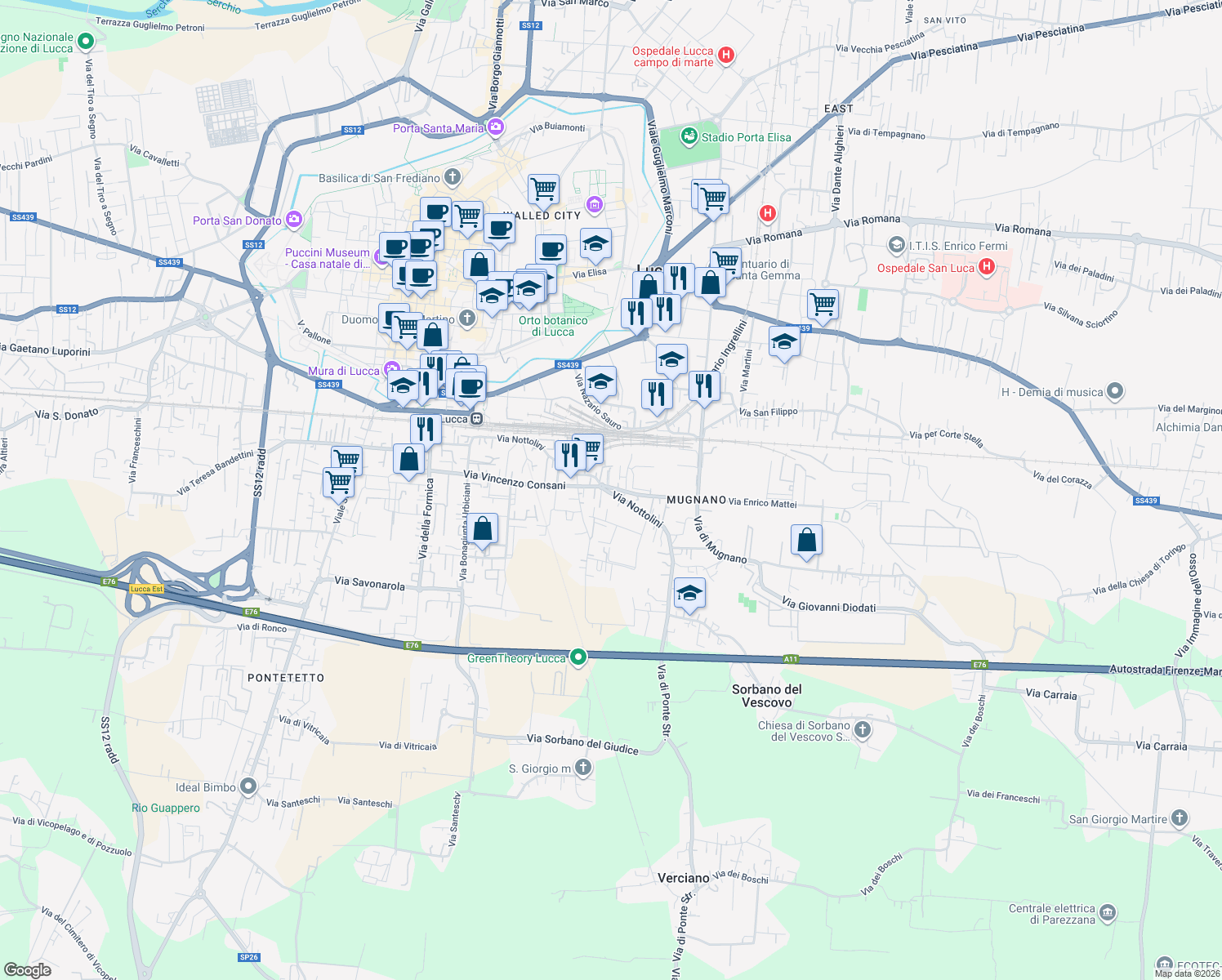 map of restaurants, bars, coffee shops, grocery stores, and more near 953 Via Nottolini in Lucca