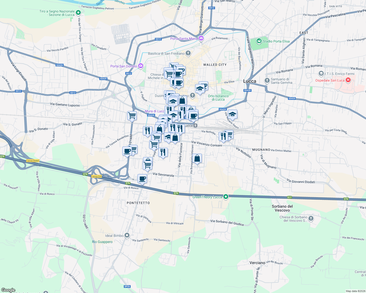 map of restaurants, bars, coffee shops, grocery stores, and more near 142 Via della Formica in Lucca