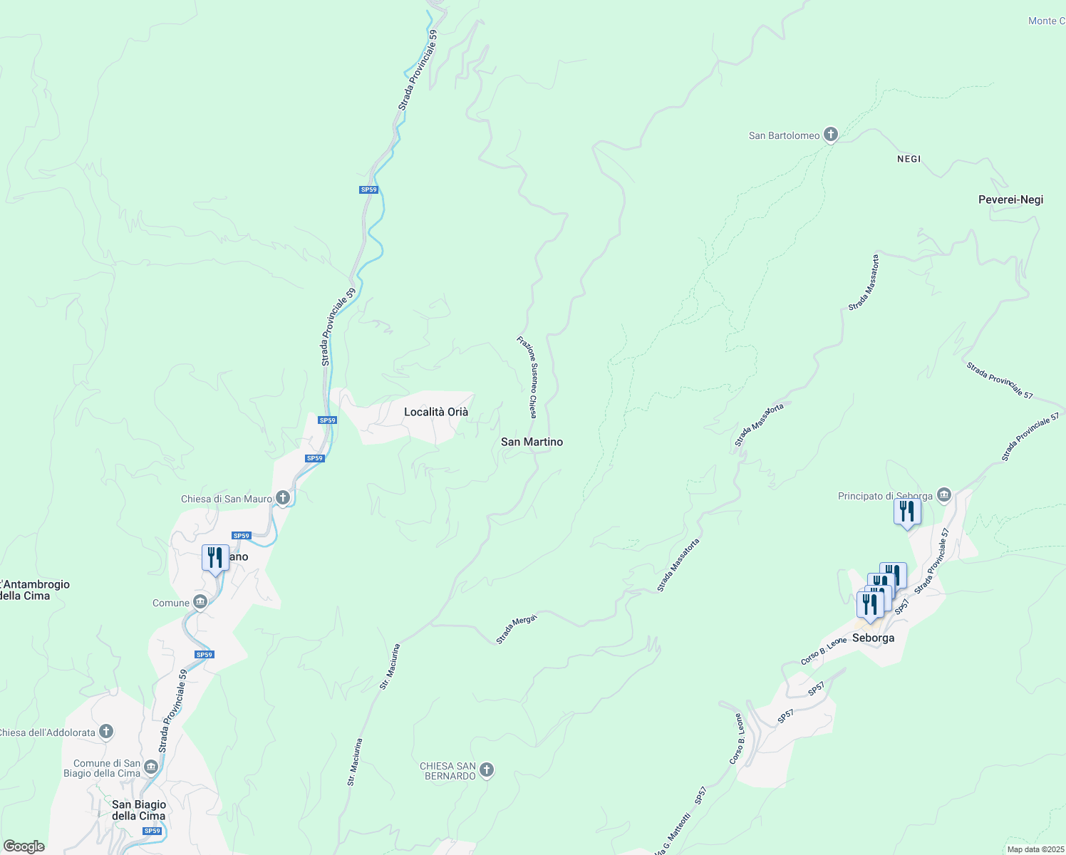 map of restaurants, bars, coffee shops, grocery stores, and more near 17 Frazione Suseneo Chiesa in San Martino