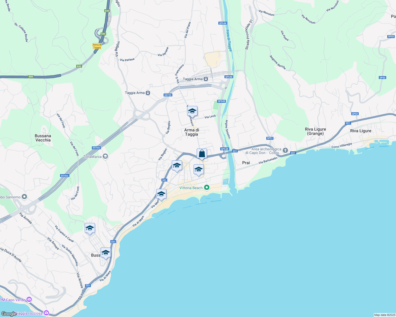 map of restaurants, bars, coffee shops, grocery stores, and more near 7 Via Cristoforo Colombo in Taggia