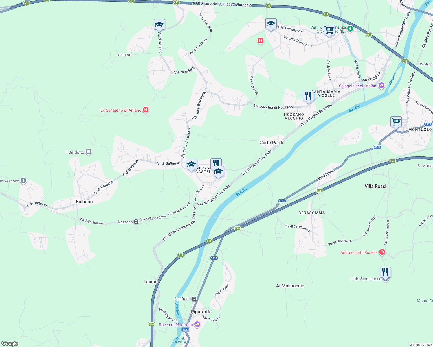 map of restaurants, bars, coffee shops, grocery stores, and more near 375 Via del Castello in Lucca