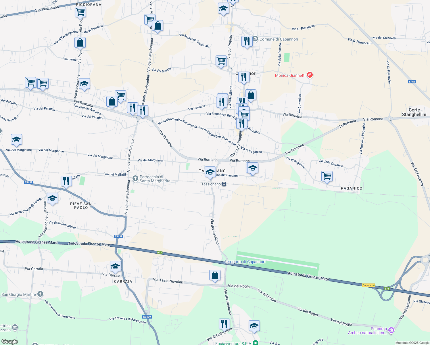 map of restaurants, bars, coffee shops, grocery stores, and more near 27 Via Carlo Piaggia in Capannori