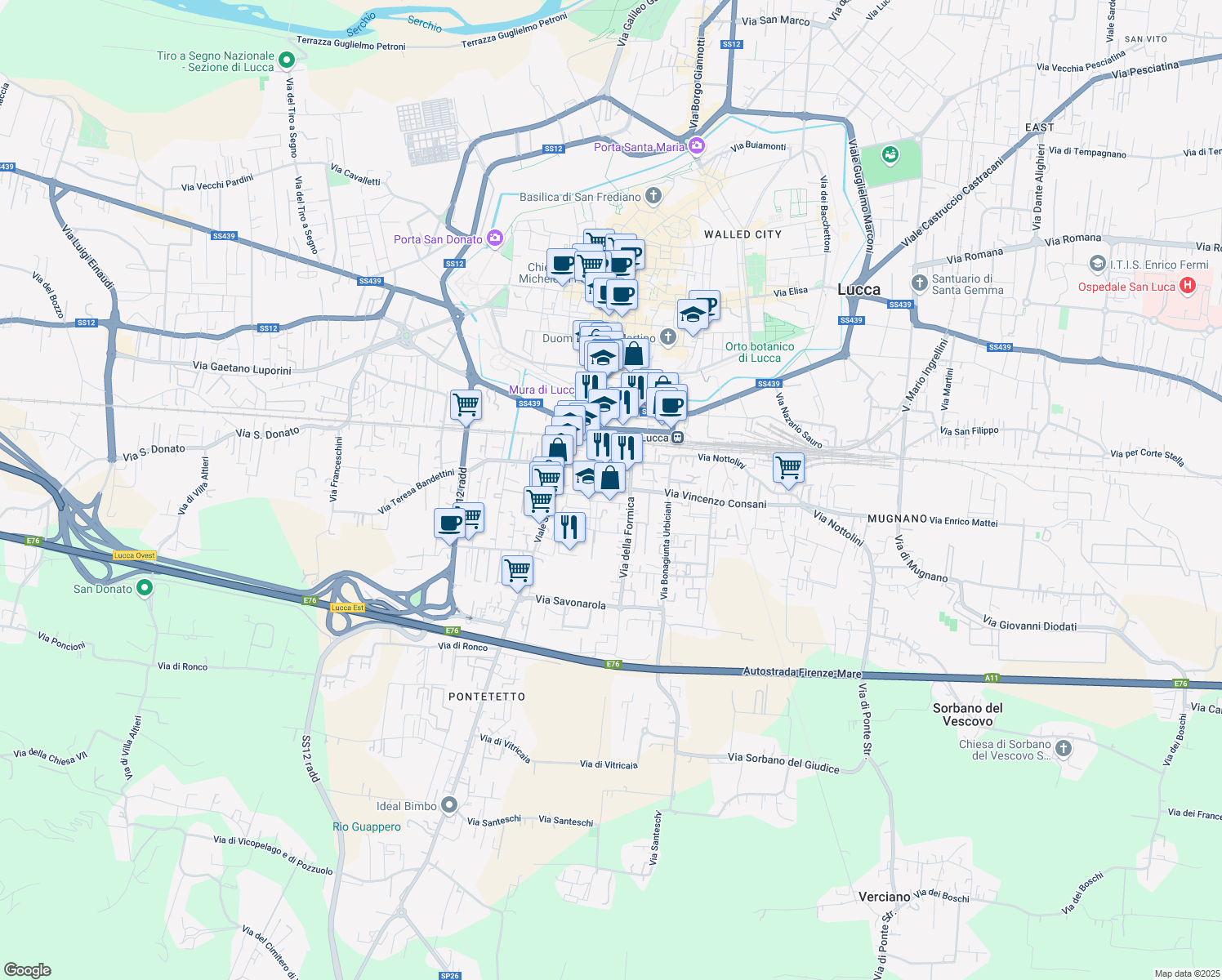 map of restaurants, bars, coffee shops, grocery stores, and more near 192 Via Giovanni Guidiccioni in Lucca
