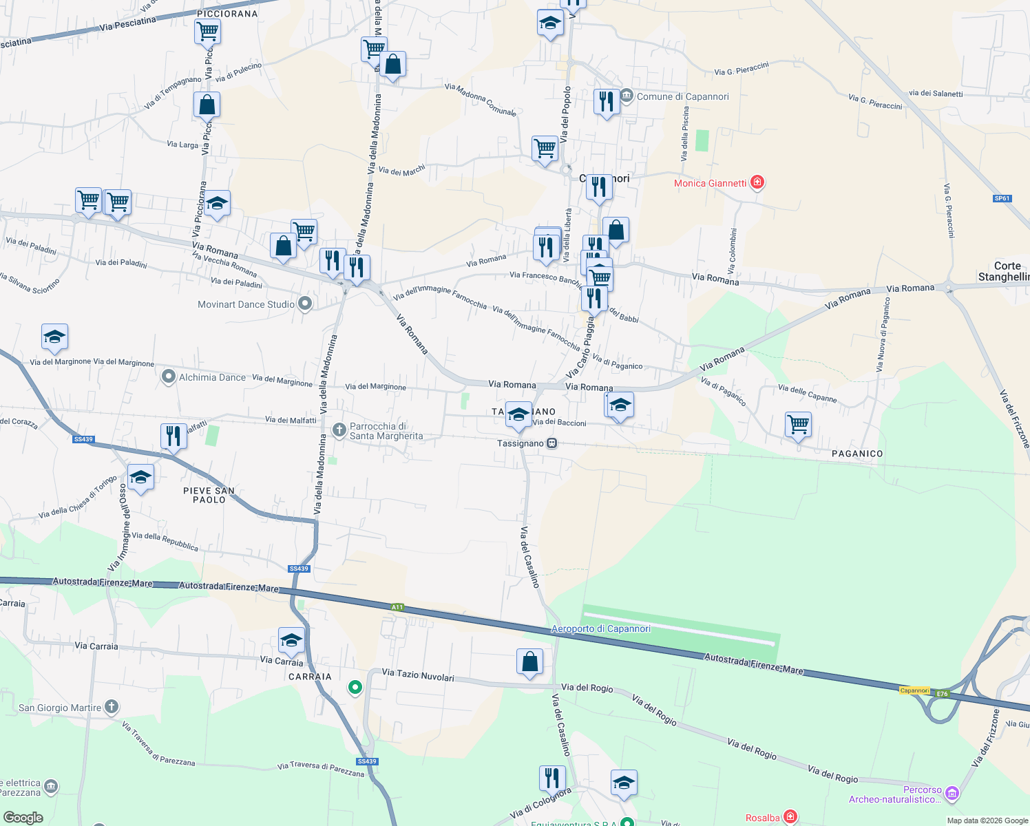 map of restaurants, bars, coffee shops, grocery stores, and more near 47 Via della Chiesa in Capannori