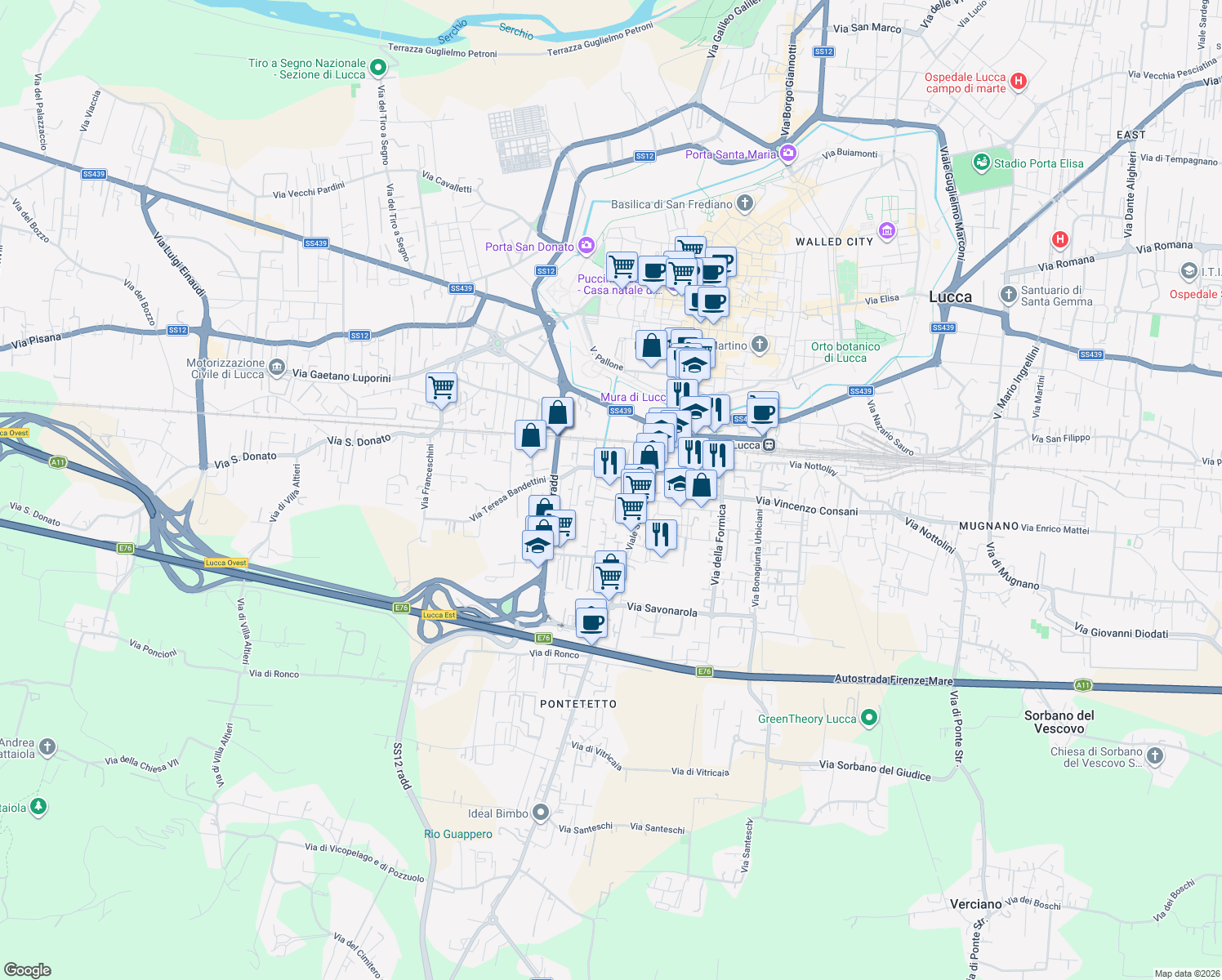 map of restaurants, bars, coffee shops, grocery stores, and more near 50 Via Teresa Bandettini in Lucca