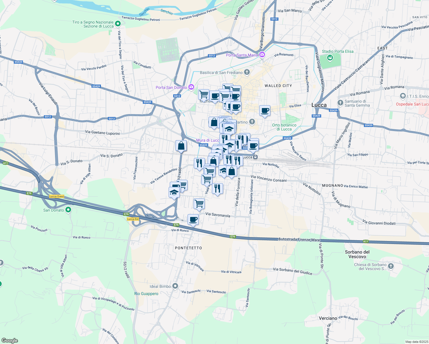 map of restaurants, bars, coffee shops, grocery stores, and more near 235 Viale San Concordio in Lucca