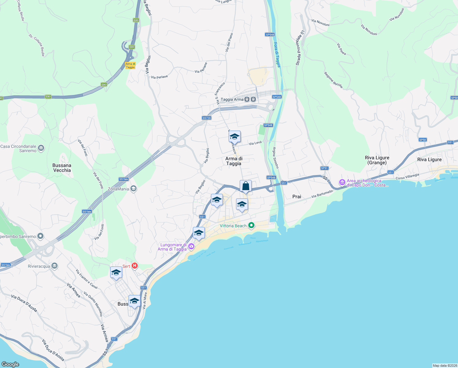 map of restaurants, bars, coffee shops, grocery stores, and more near 54 Via Aurelia Ponente in Arma di Taggia