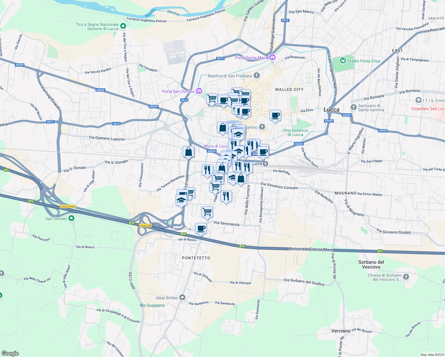 map of restaurants, bars, coffee shops, grocery stores, and more near 235 Viale San Concordio in Lucca