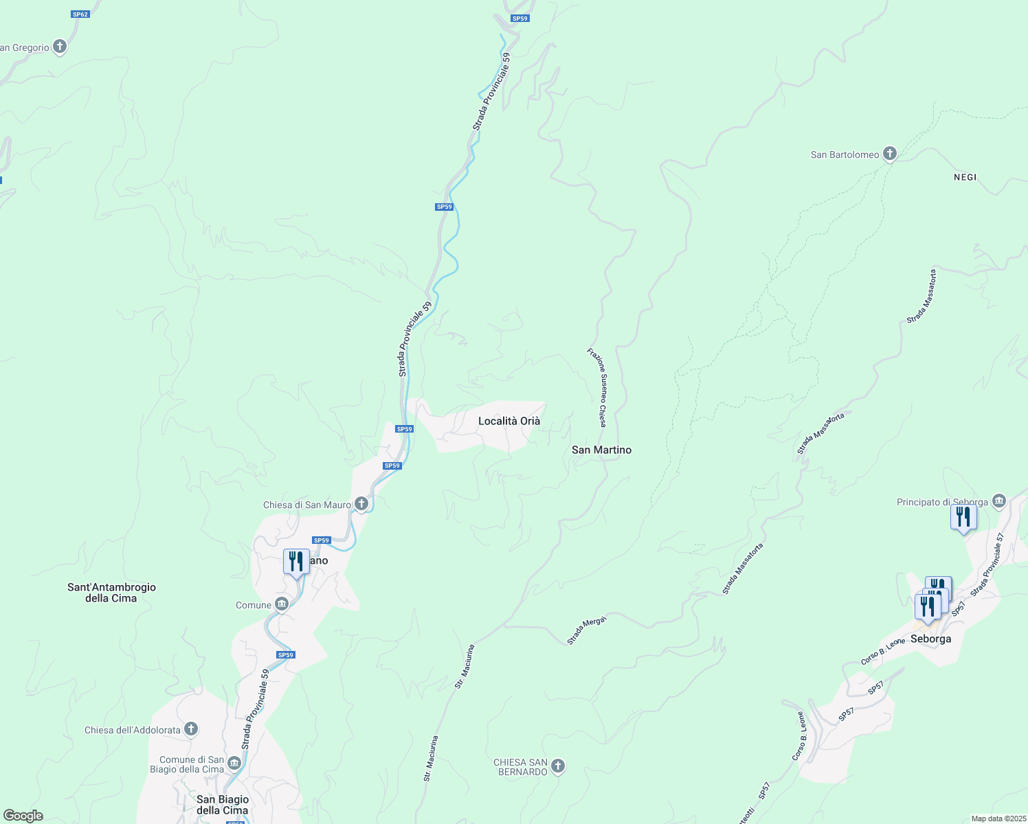 map of restaurants, bars, coffee shops, grocery stores, and more near 29 Strada Oria in Provincia di Imperia