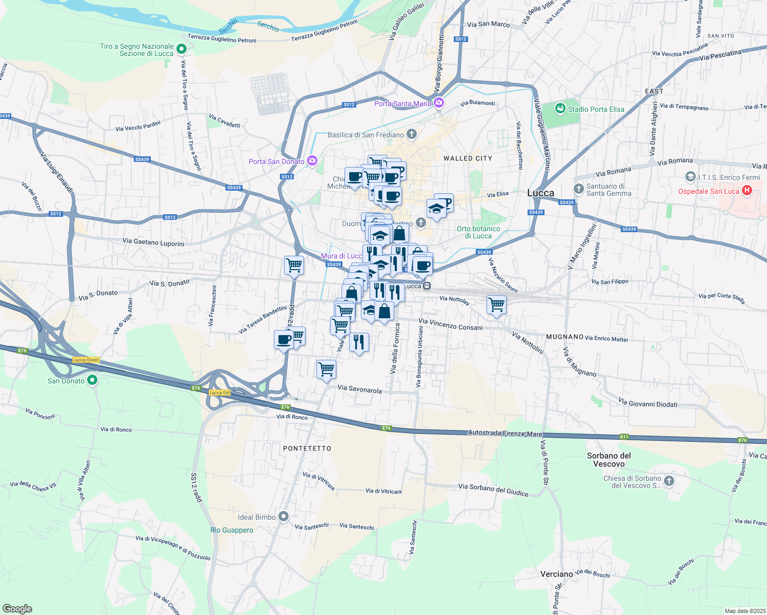map of restaurants, bars, coffee shops, grocery stores, and more near 192 Via Giovanni Guidiccioni in Lucca