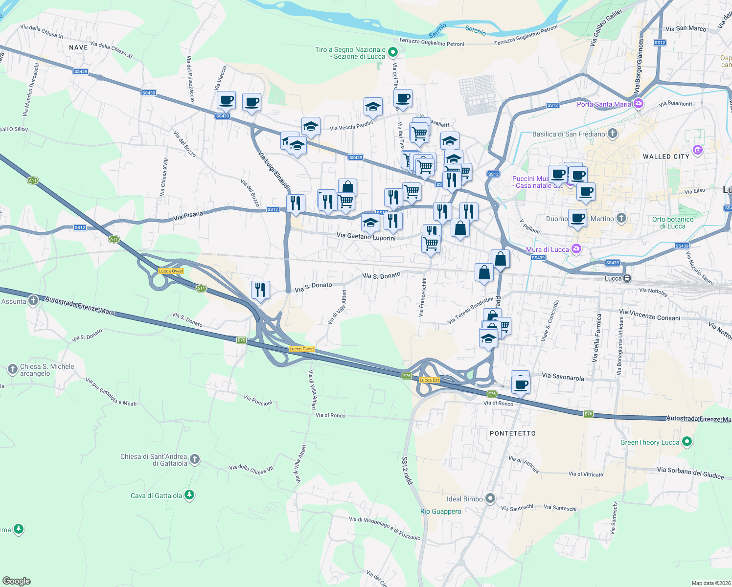 map of restaurants, bars, coffee shops, grocery stores, and more near 847 Via San Donato in Lucca