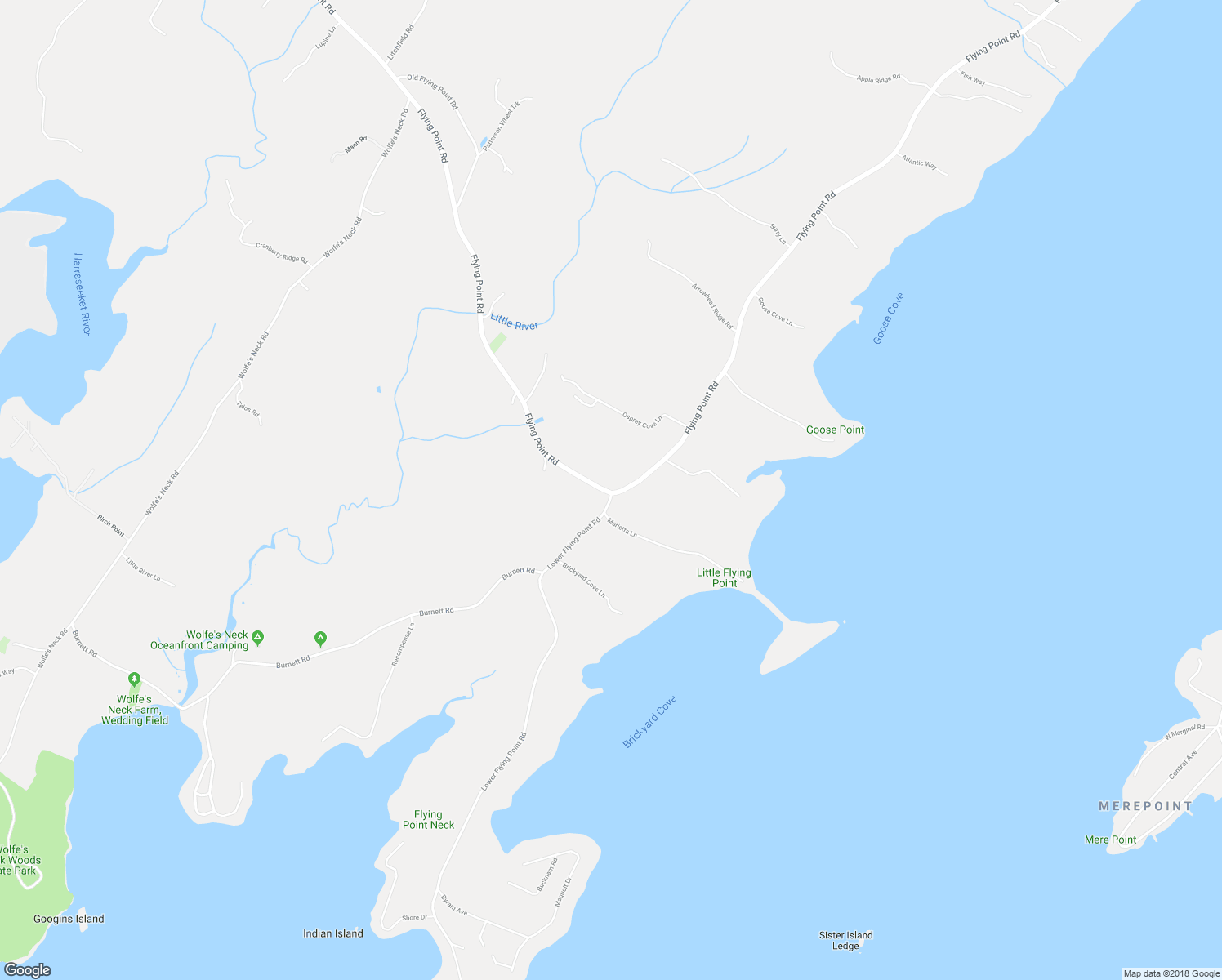 map of restaurants, bars, coffee shops, grocery stores, and more near 149 Flying Point Road in Freeport