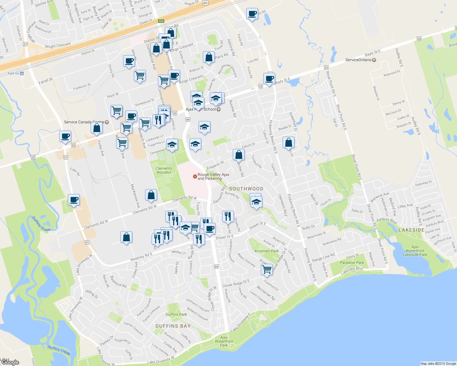 map of restaurants, bars, coffee shops, grocery stores, and more near 167 Simpson Road in Ajax