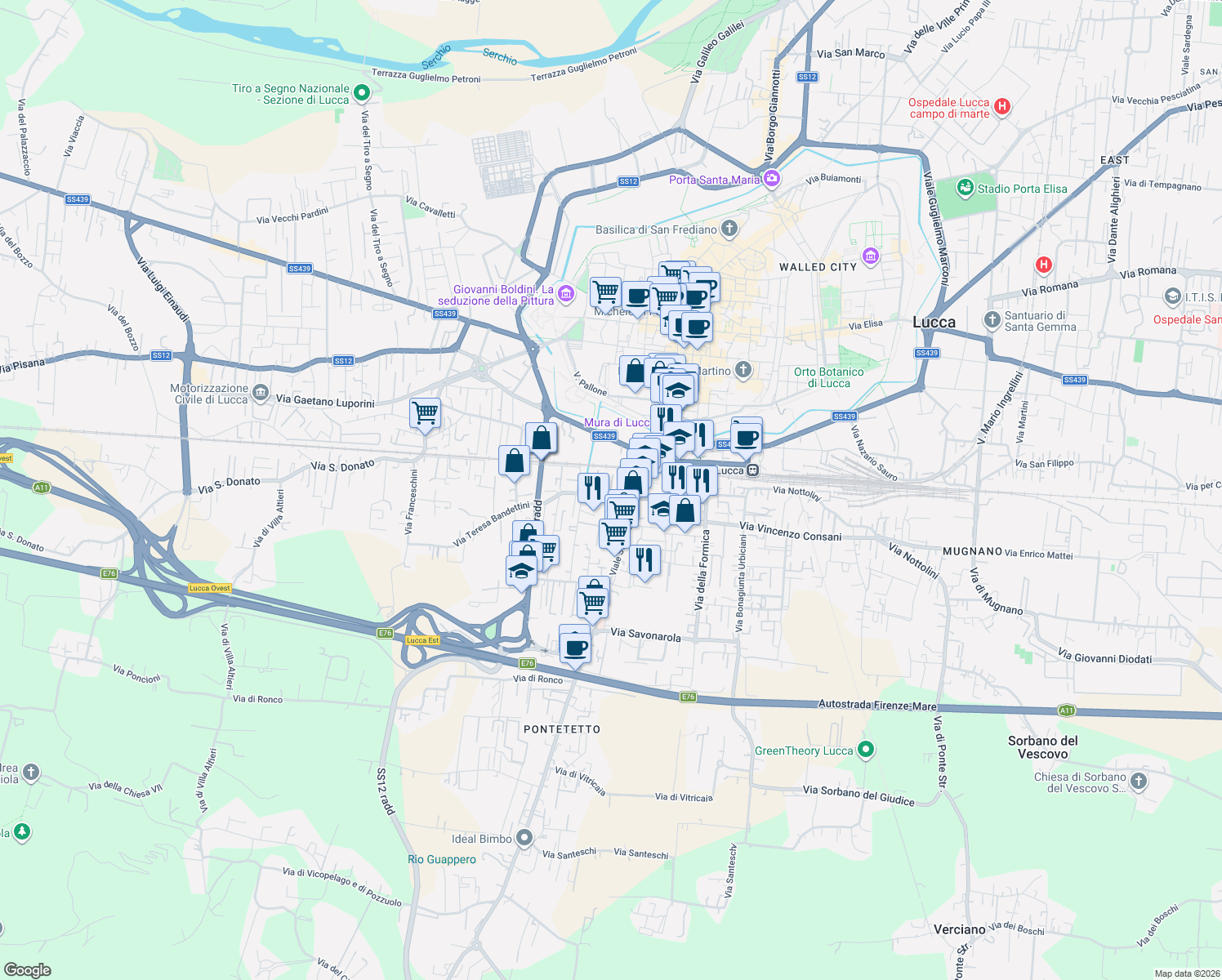 map of restaurants, bars, coffee shops, grocery stores, and more near 50 Via Teresa Bandettini in Lucca