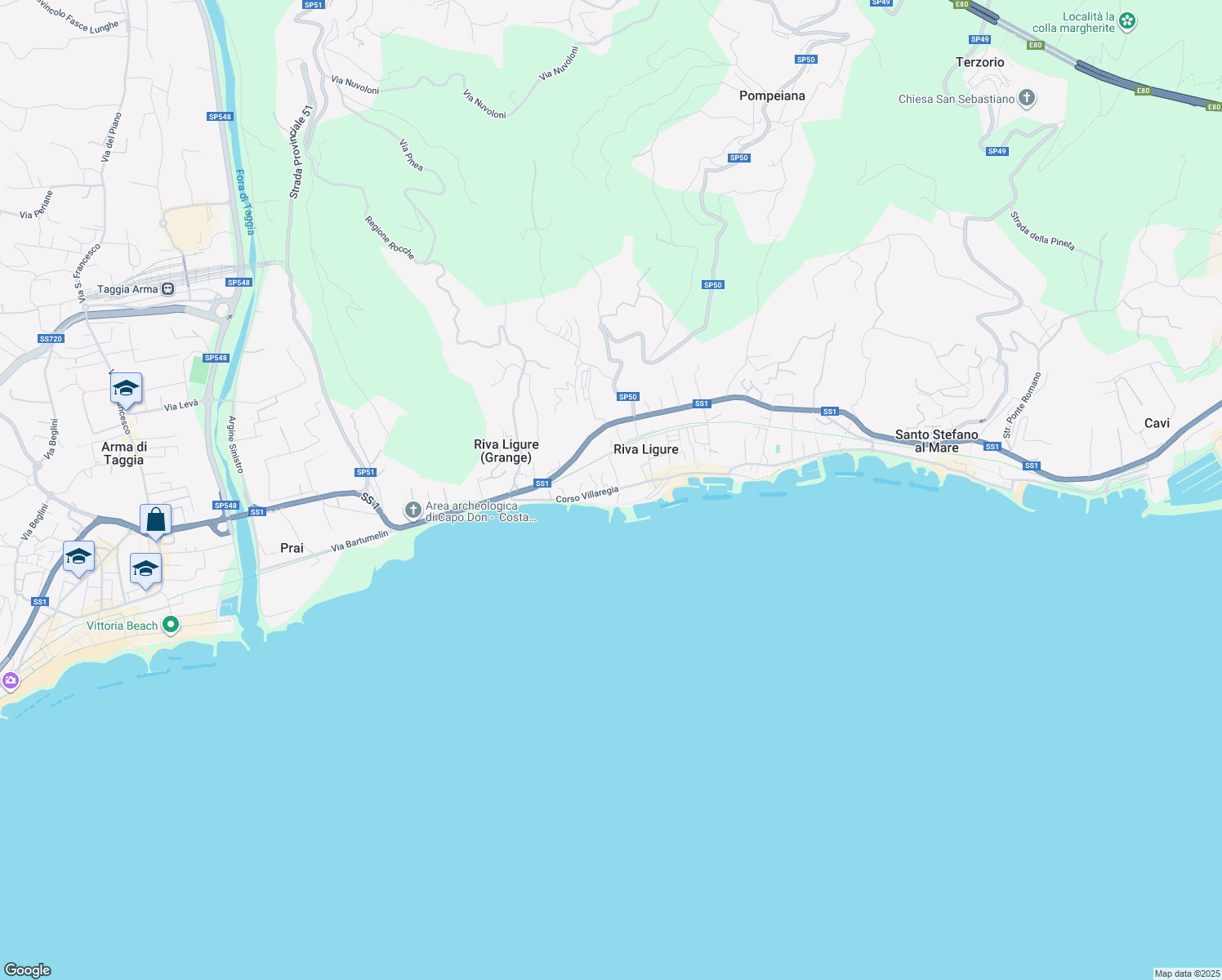 map of restaurants, bars, coffee shops, grocery stores, and more near 90 Corso Villaregia in Riva Ligure
