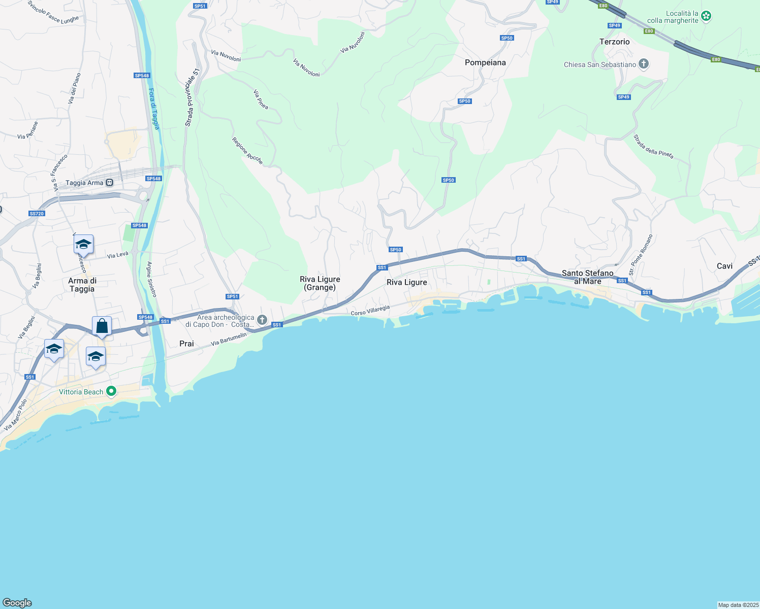 map of restaurants, bars, coffee shops, grocery stores, and more near 90 Corso Villaregia in Riva Ligure