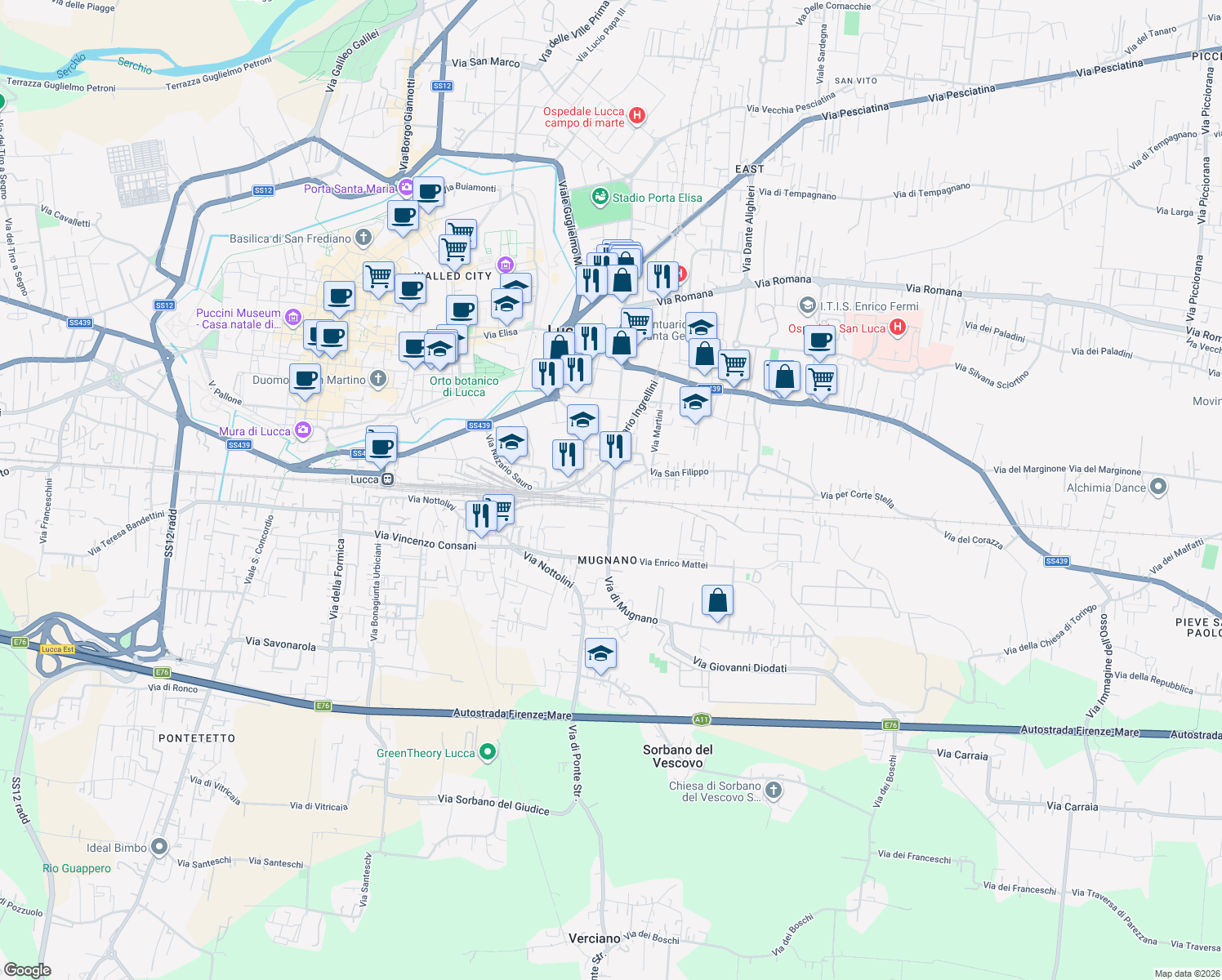 map of restaurants, bars, coffee shops, grocery stores, and more near 481 Via Mario Ingrellini in Lucca