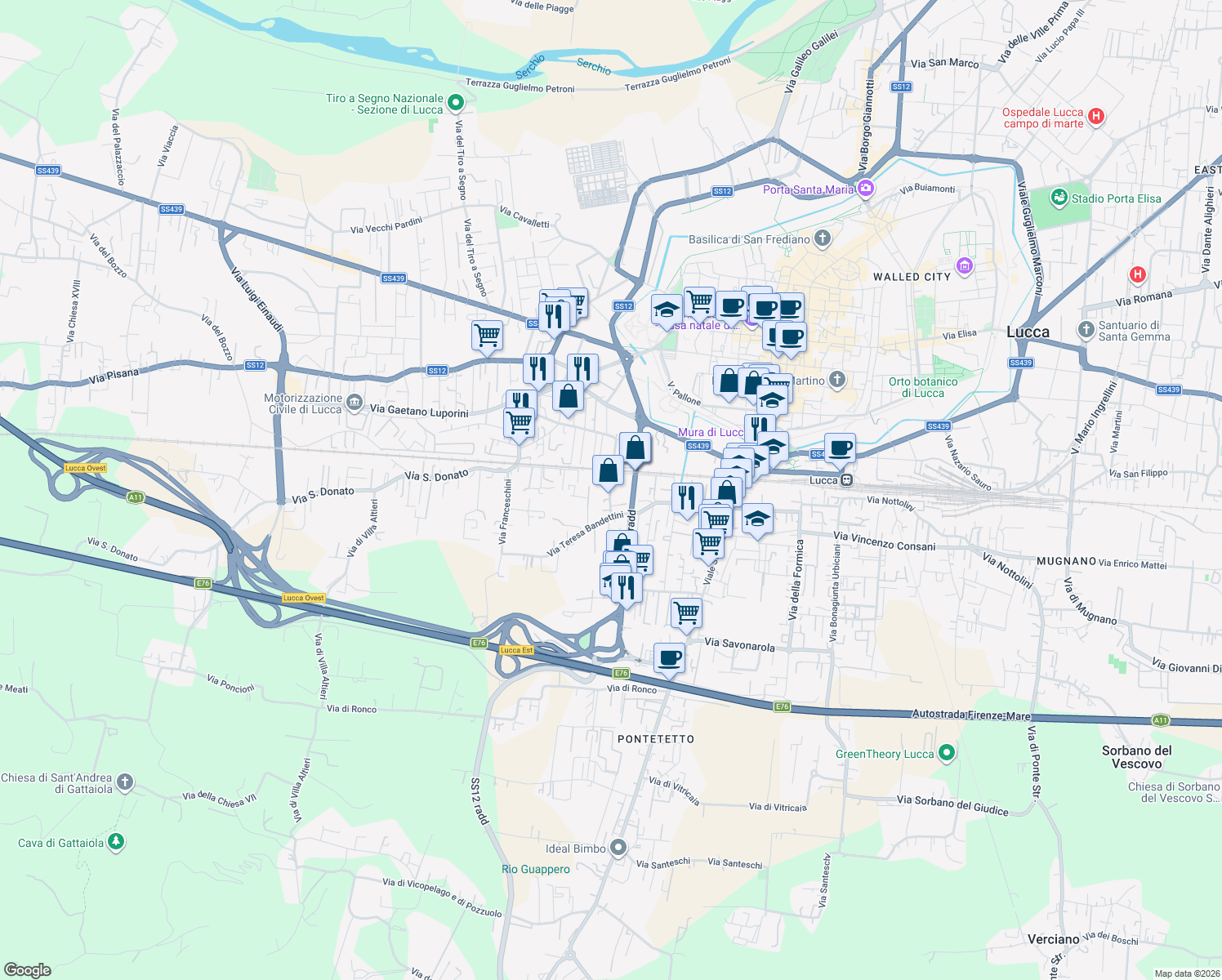 map of restaurants, bars, coffee shops, grocery stores, and more near 170 Via Tagliate di S. Concordio in Lucca