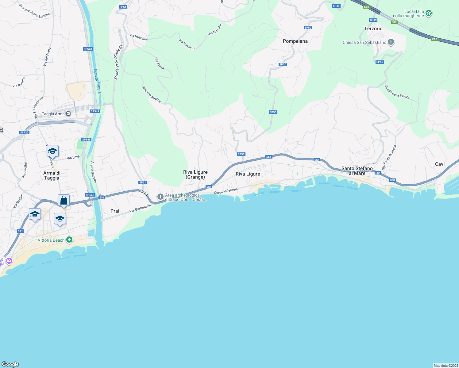 map of restaurants, bars, coffee shops, grocery stores, and more near 90 Corso Villaregia in Riva Ligure