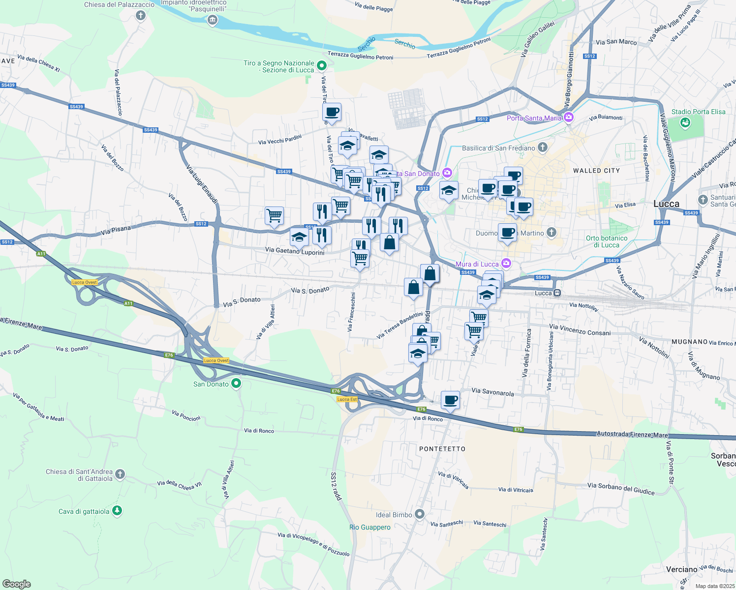 map of restaurants, bars, coffee shops, grocery stores, and more near 28 Via Custer de Nobili Gino in Lucca