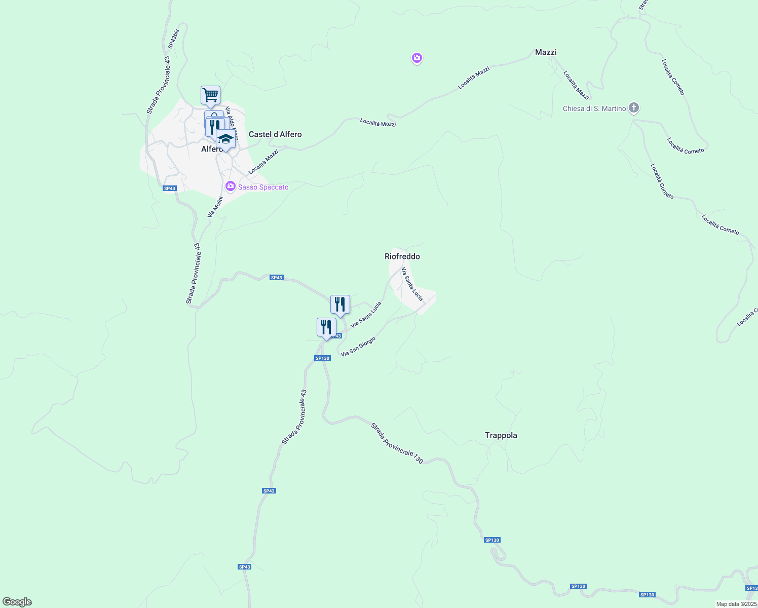 map of restaurants, bars, coffee shops, grocery stores, and more near 41 Via Santa Lucia in Riofreddo
