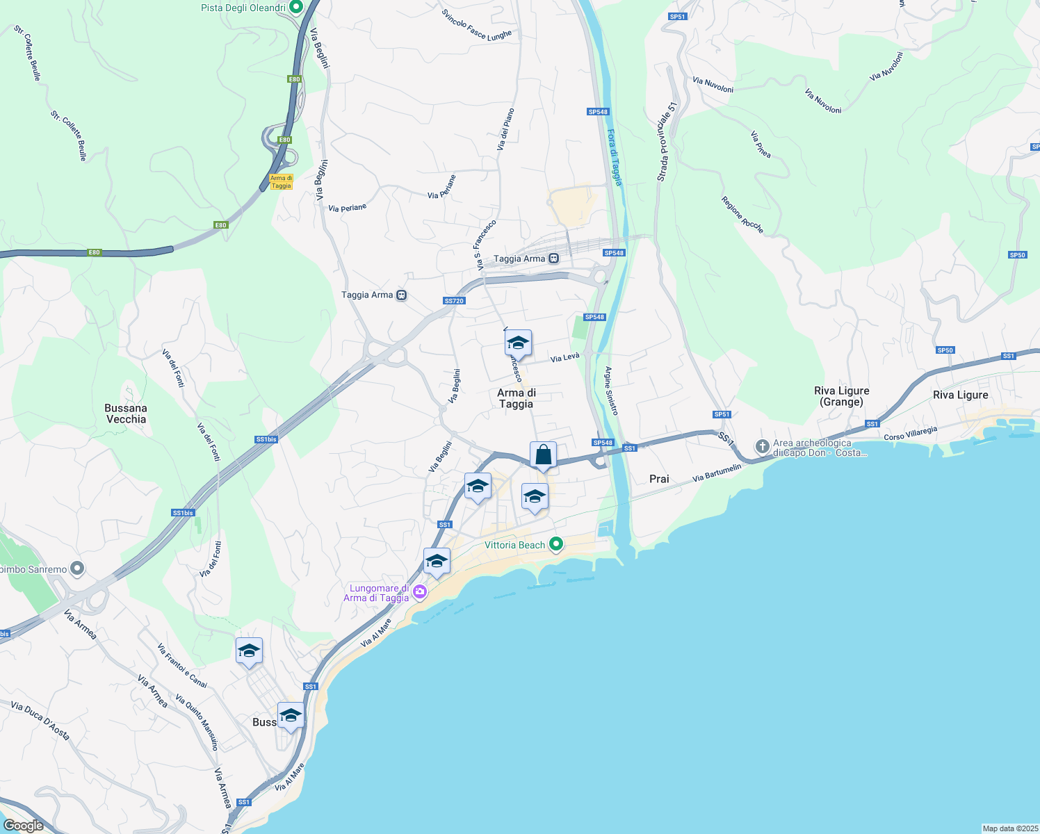 map of restaurants, bars, coffee shops, grocery stores, and more near 86 Via San Francesco in Taggia