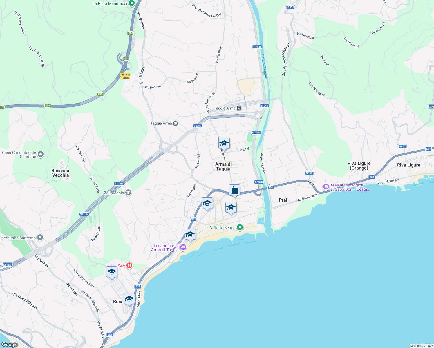 map of restaurants, bars, coffee shops, grocery stores, and more near 127 Via San Francesco in Arma di Taggia