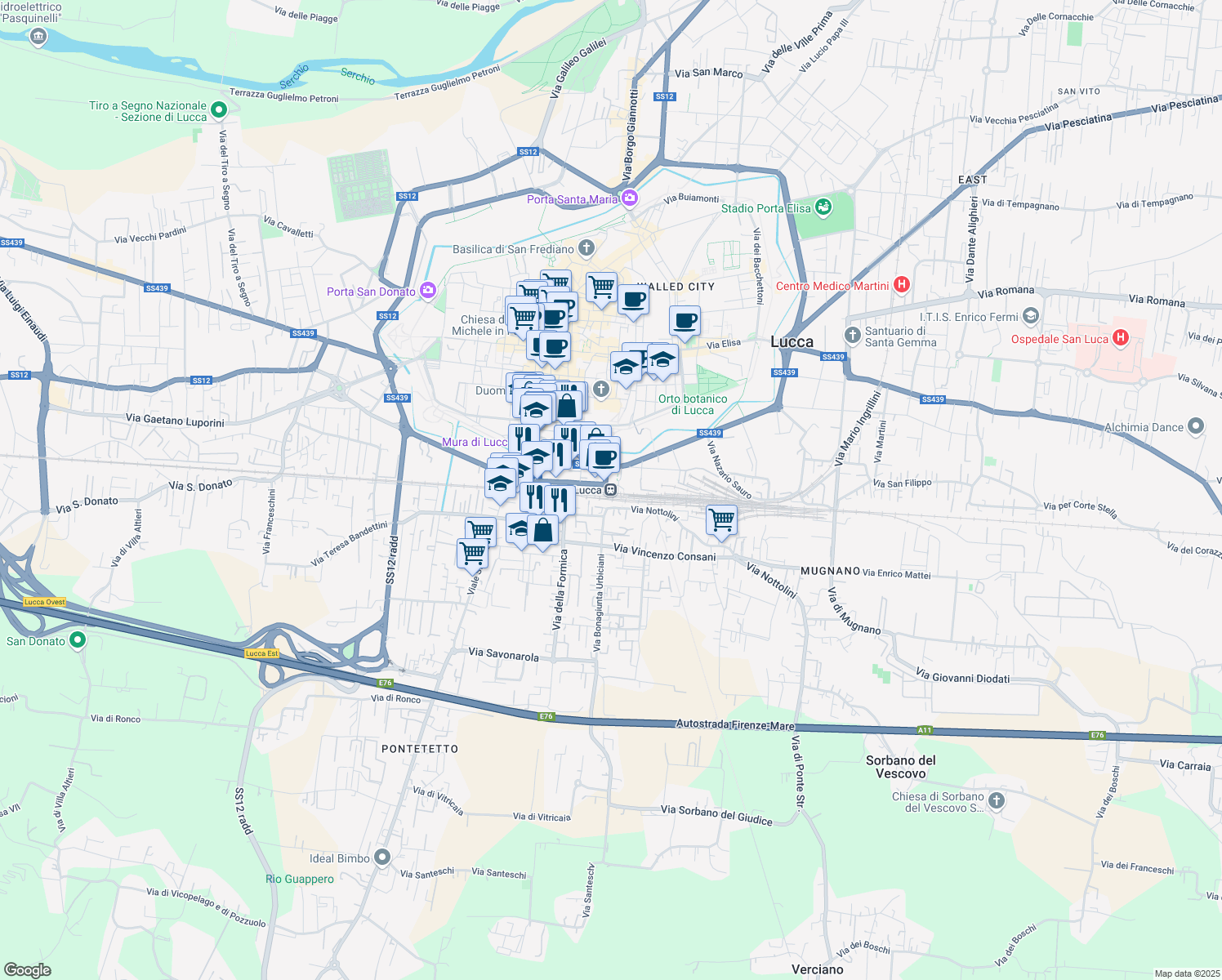 map of restaurants, bars, coffee shops, grocery stores, and more near 169 Viale Camillo Benso Cavour in Lucca