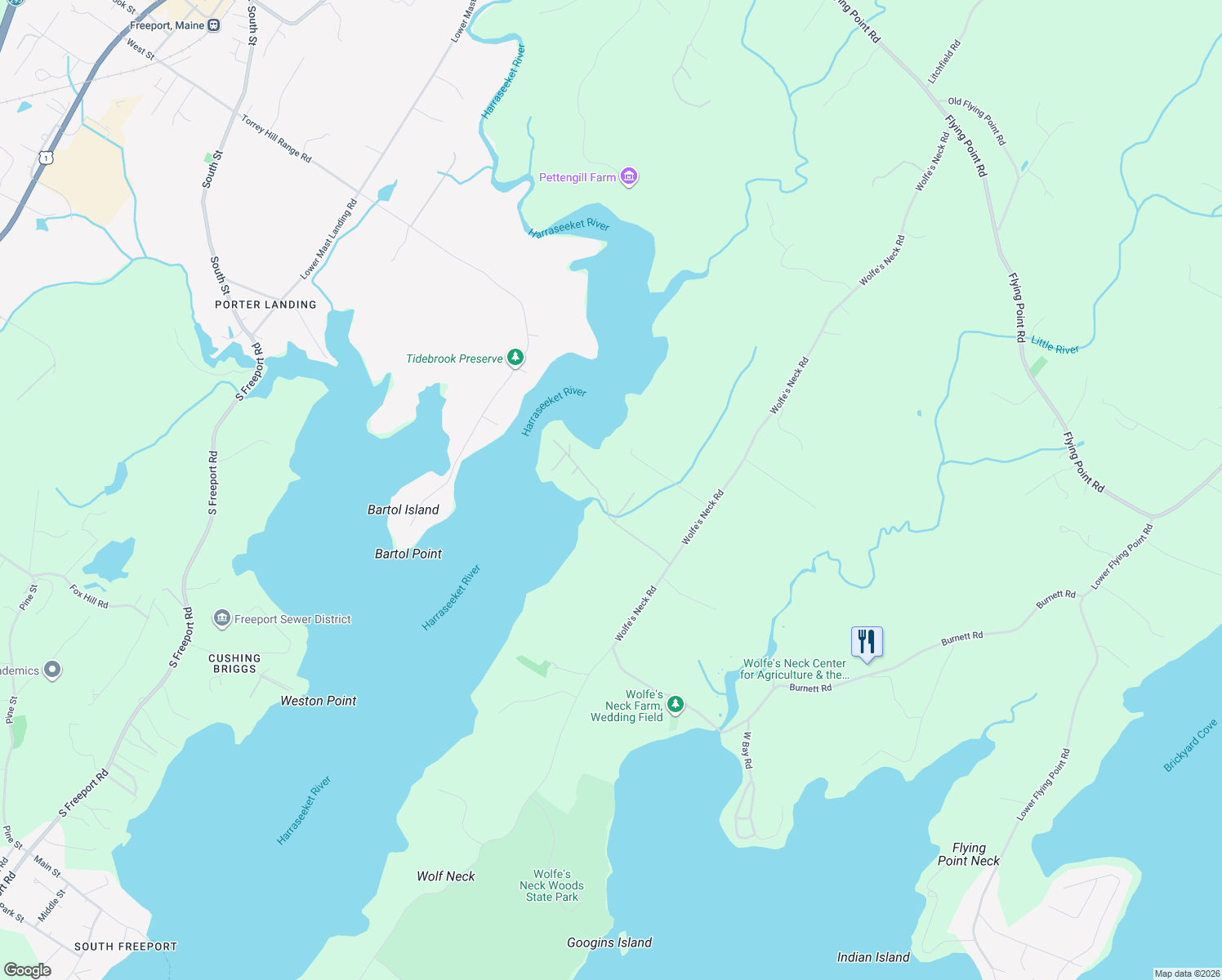 map of restaurants, bars, coffee shops, grocery stores, and more near 52 Birch Point in Freeport