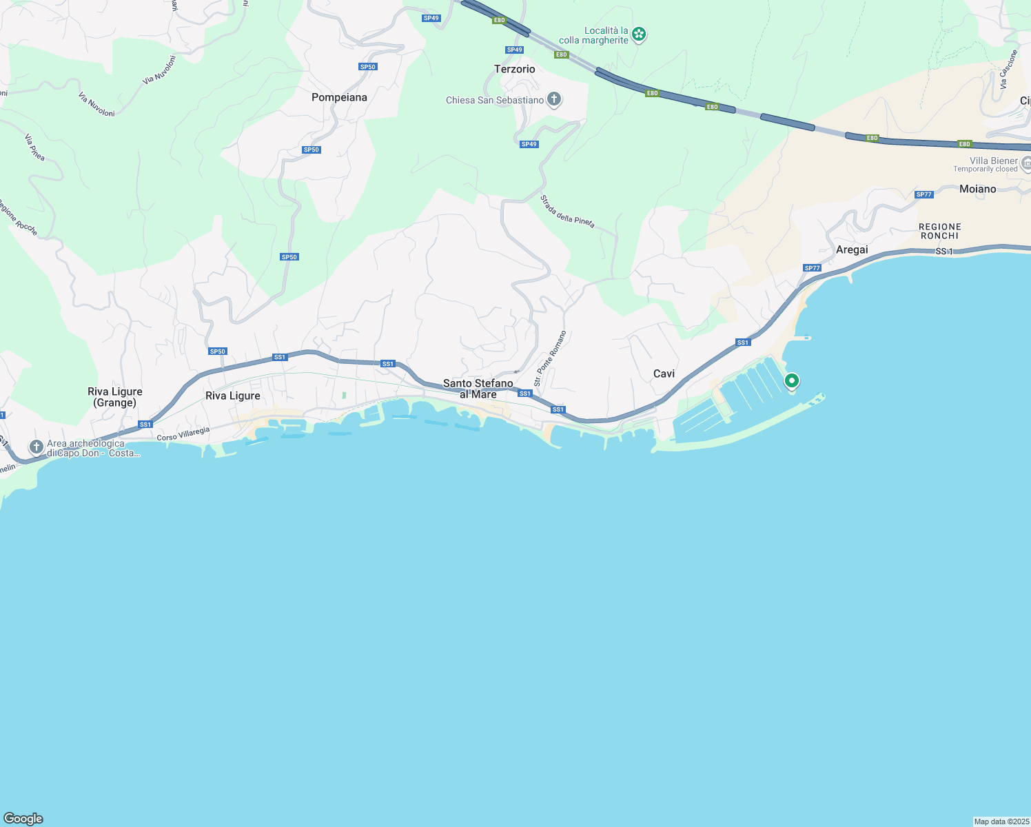 map of restaurants, bars, coffee shops, grocery stores, and more near 14 Via Pisa in Santo Stefano Al Mare