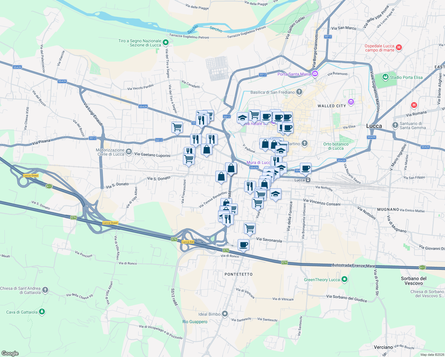 map of restaurants, bars, coffee shops, grocery stores, and more near 170 Via Tagliate di San Concordio in Lucca