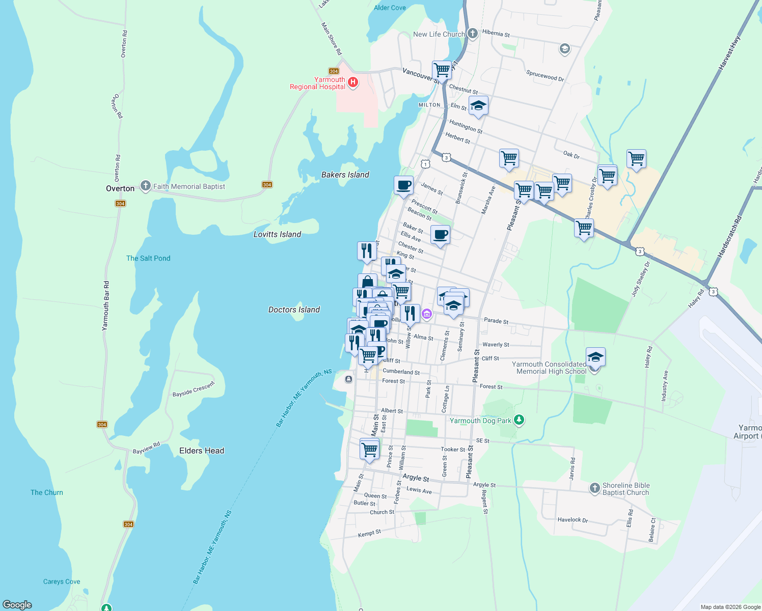 map of restaurants, bars, coffee shops, grocery stores, and more near 390 Main Street in Yarmouth