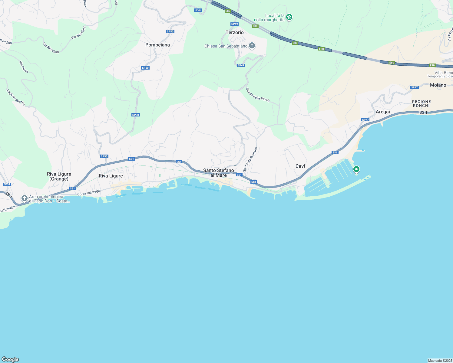 map of restaurants, bars, coffee shops, grocery stores, and more near 14 Via Pisa in Santo Stefano Al Mare