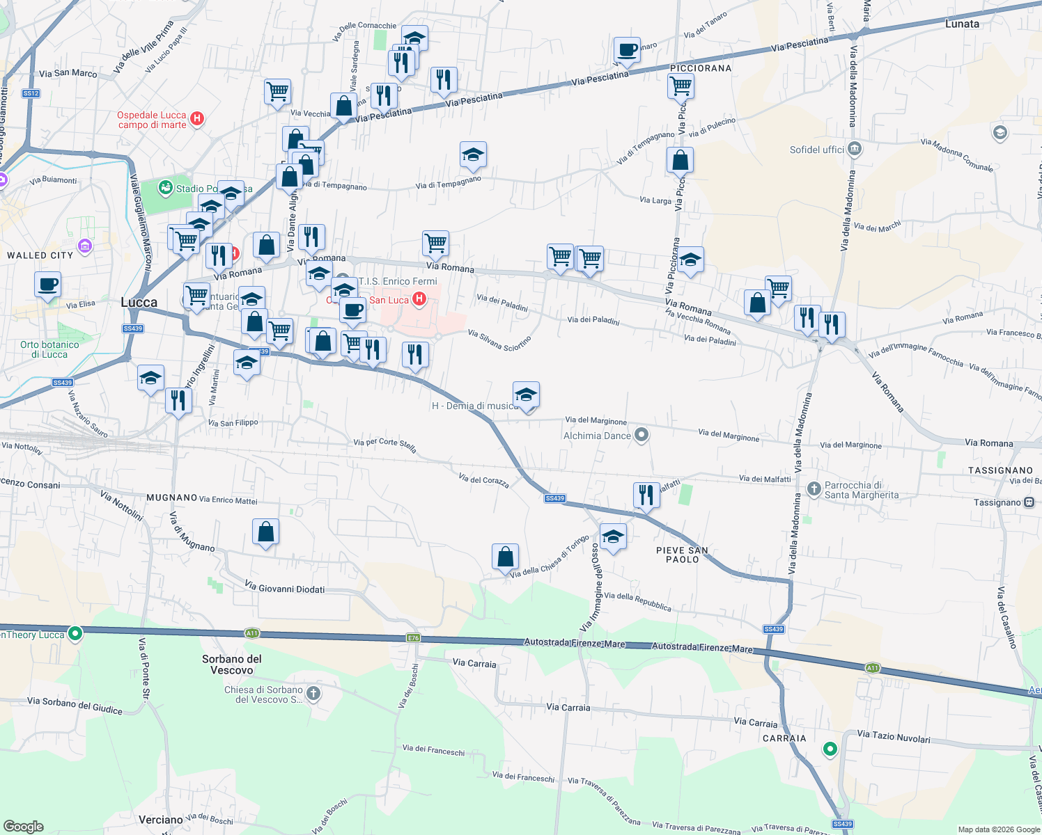 map of restaurants, bars, coffee shops, grocery stores, and more near 5 Via del Marginone in Capannori