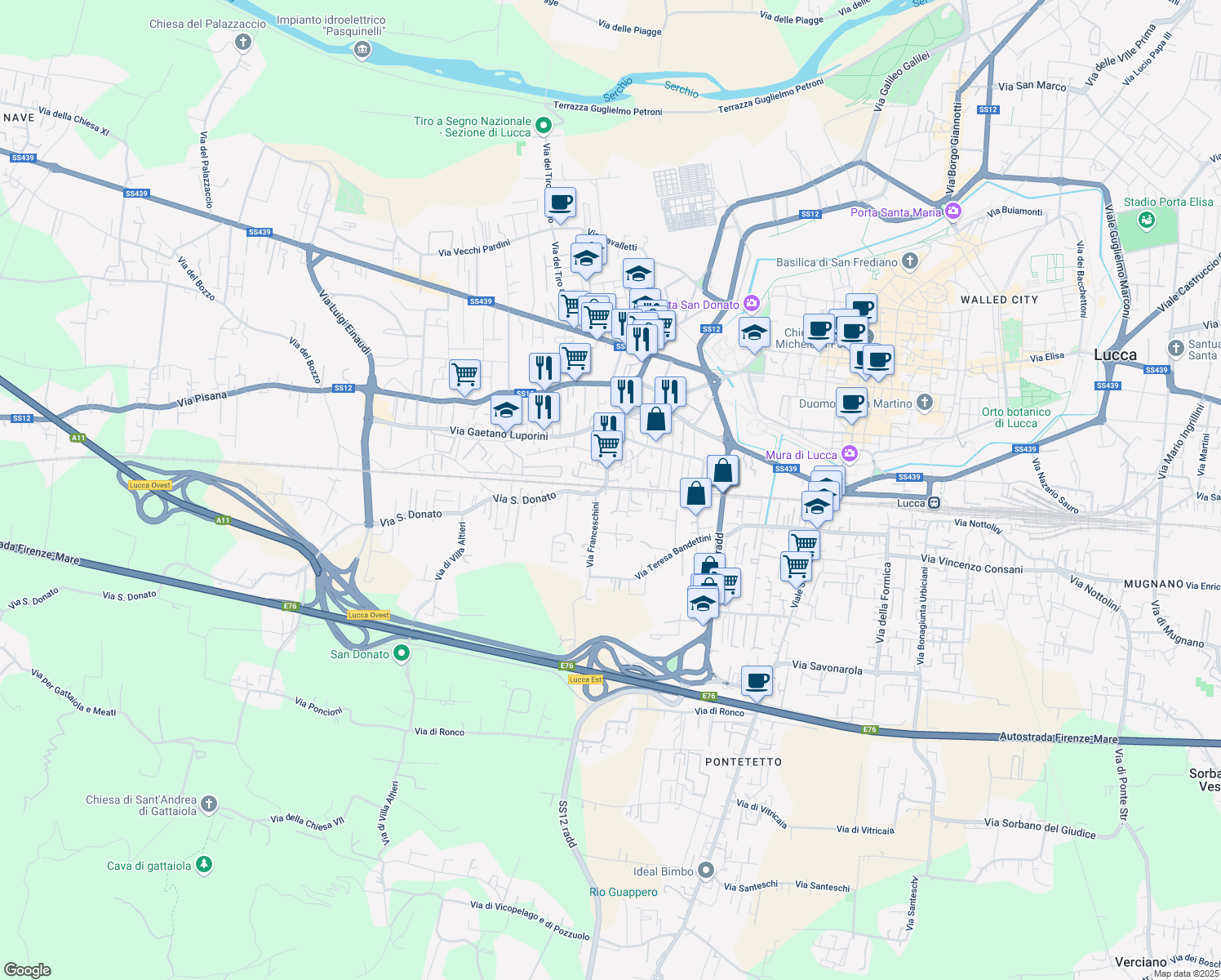 map of restaurants, bars, coffee shops, grocery stores, and more near 28 Via Custer de Nobili Gino in Lucca