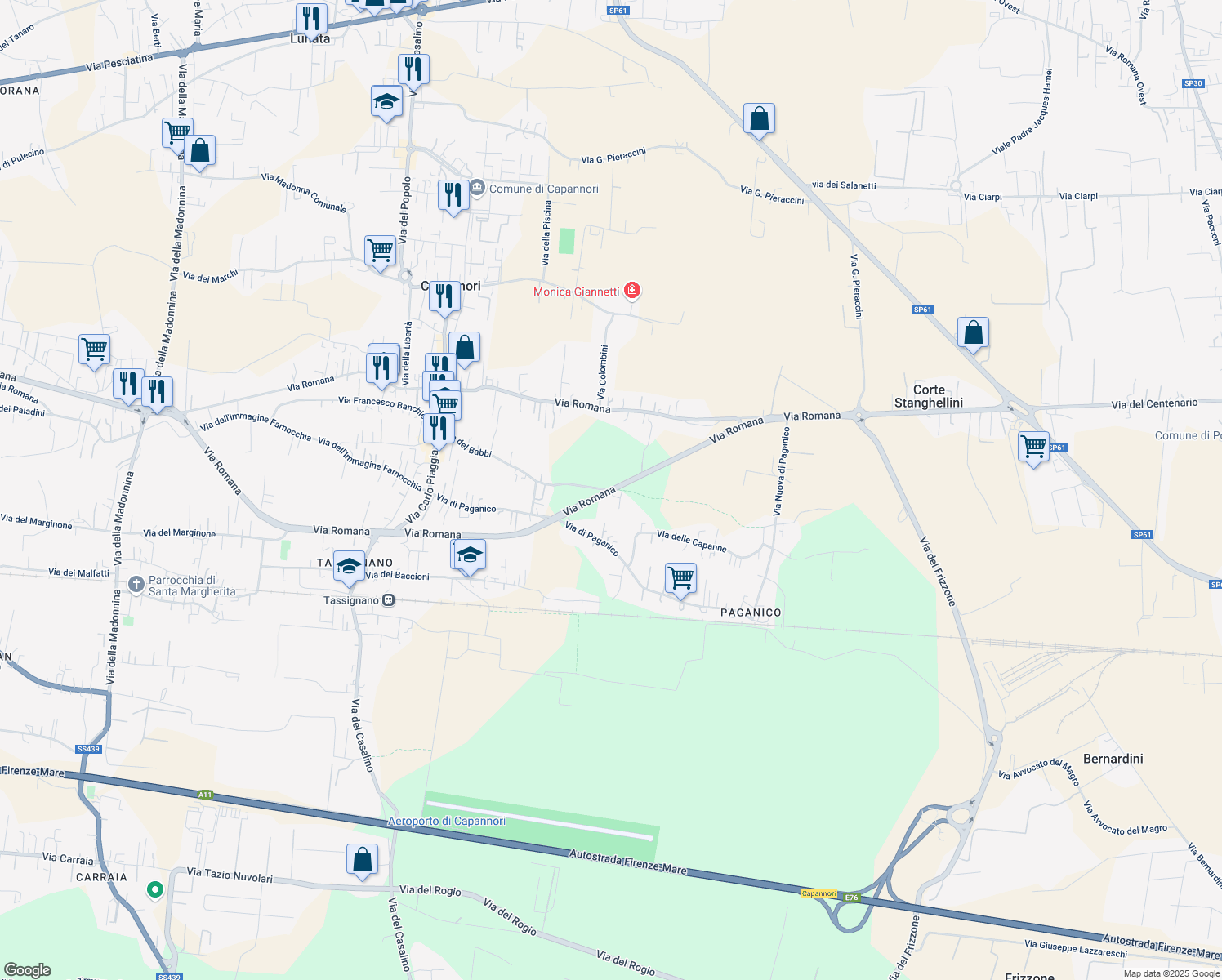 map of restaurants, bars, coffee shops, grocery stores, and more near Strada Provinciale Romana in Lucca